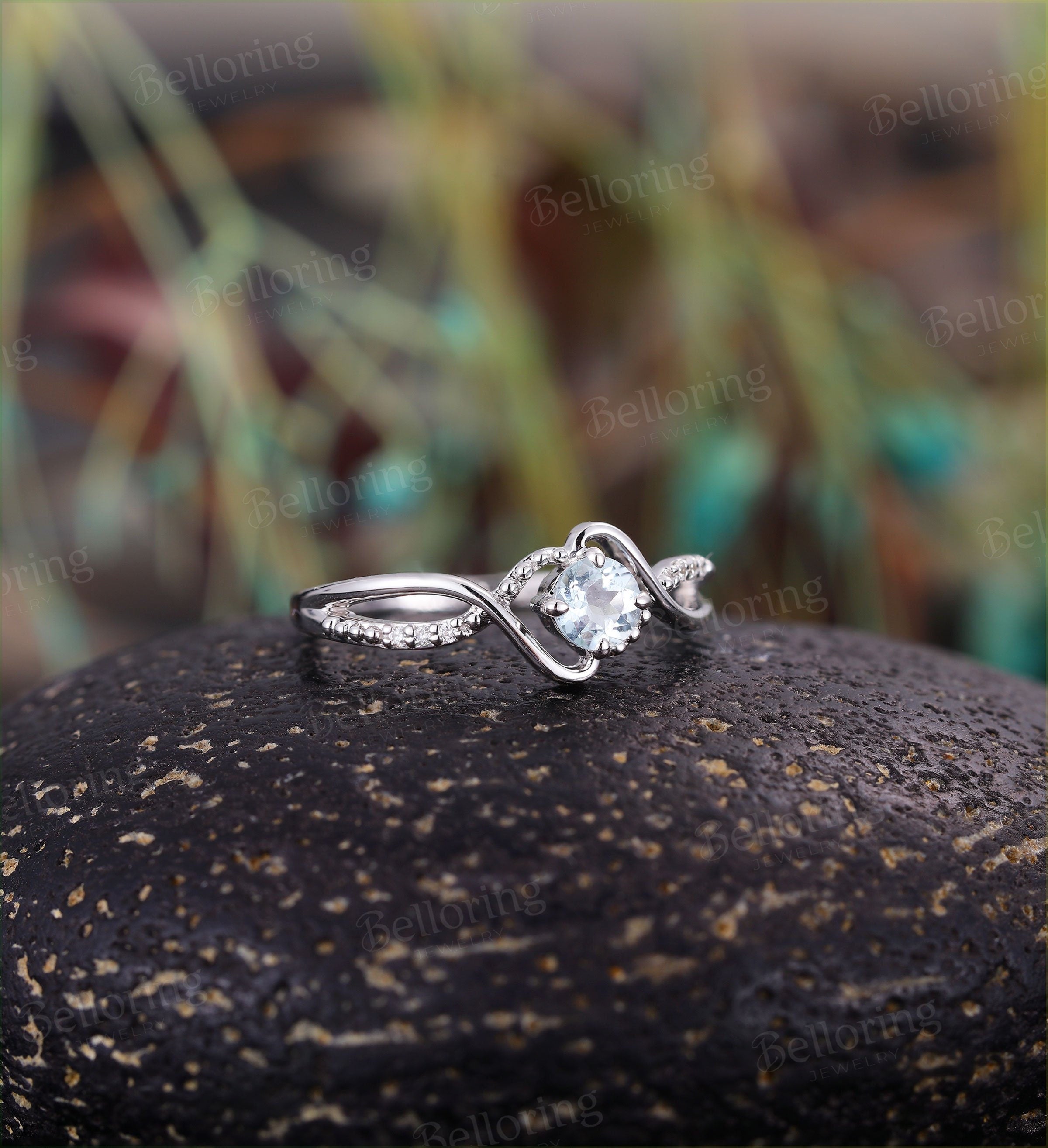 Aquamarine engagement ring Vintage diamond white gold Unique wedding  Art deco Jewelry birthstone promise Anniversary wedding ring