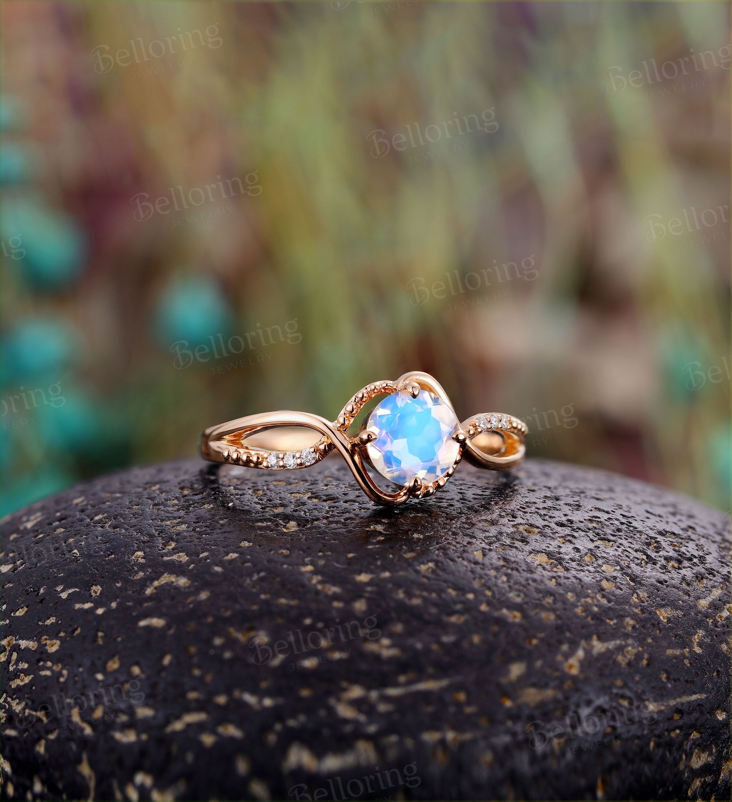 Moonstone engagement ring Vintage diamond rose gold Unique infinity ring  Art deco Jewelry birthstone promise Anniversary wedding ring