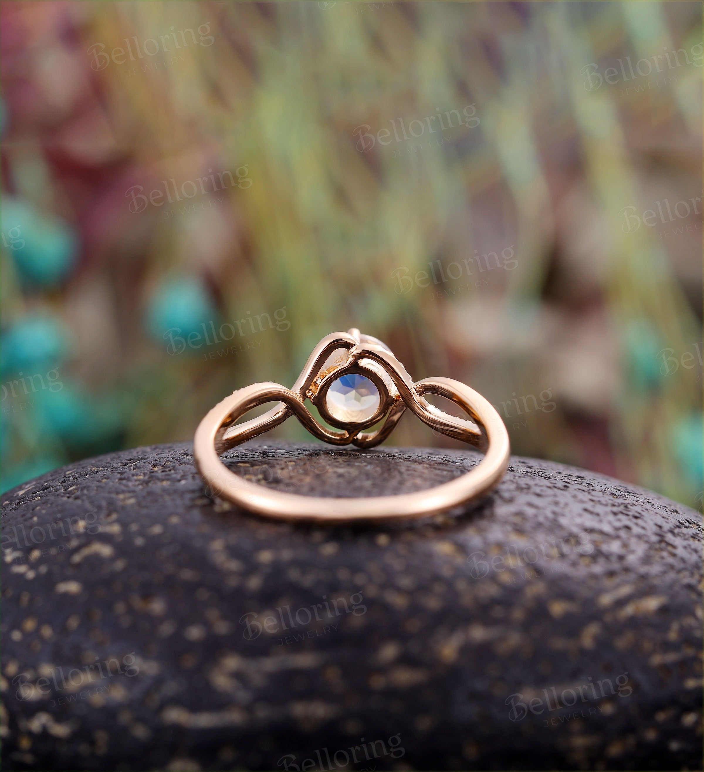 Moonstone engagement ring Vintage diamond rose gold Unique infinity ring  Art deco Jewelry birthstone promise Anniversary wedding ring