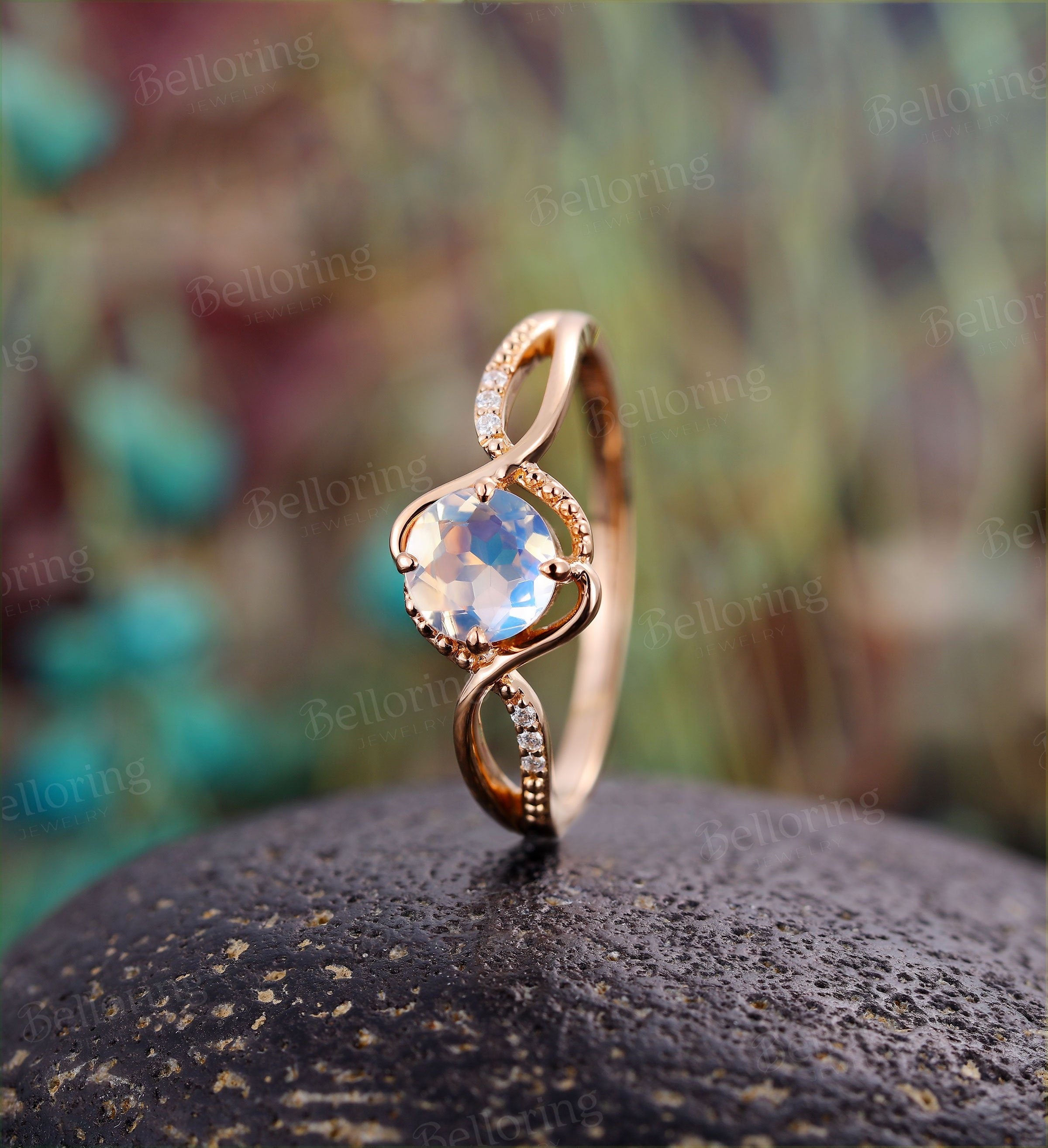 Moonstone engagement ring Vintage diamond rose gold Unique infinity ring  Art deco Jewelry birthstone promise Anniversary wedding ring