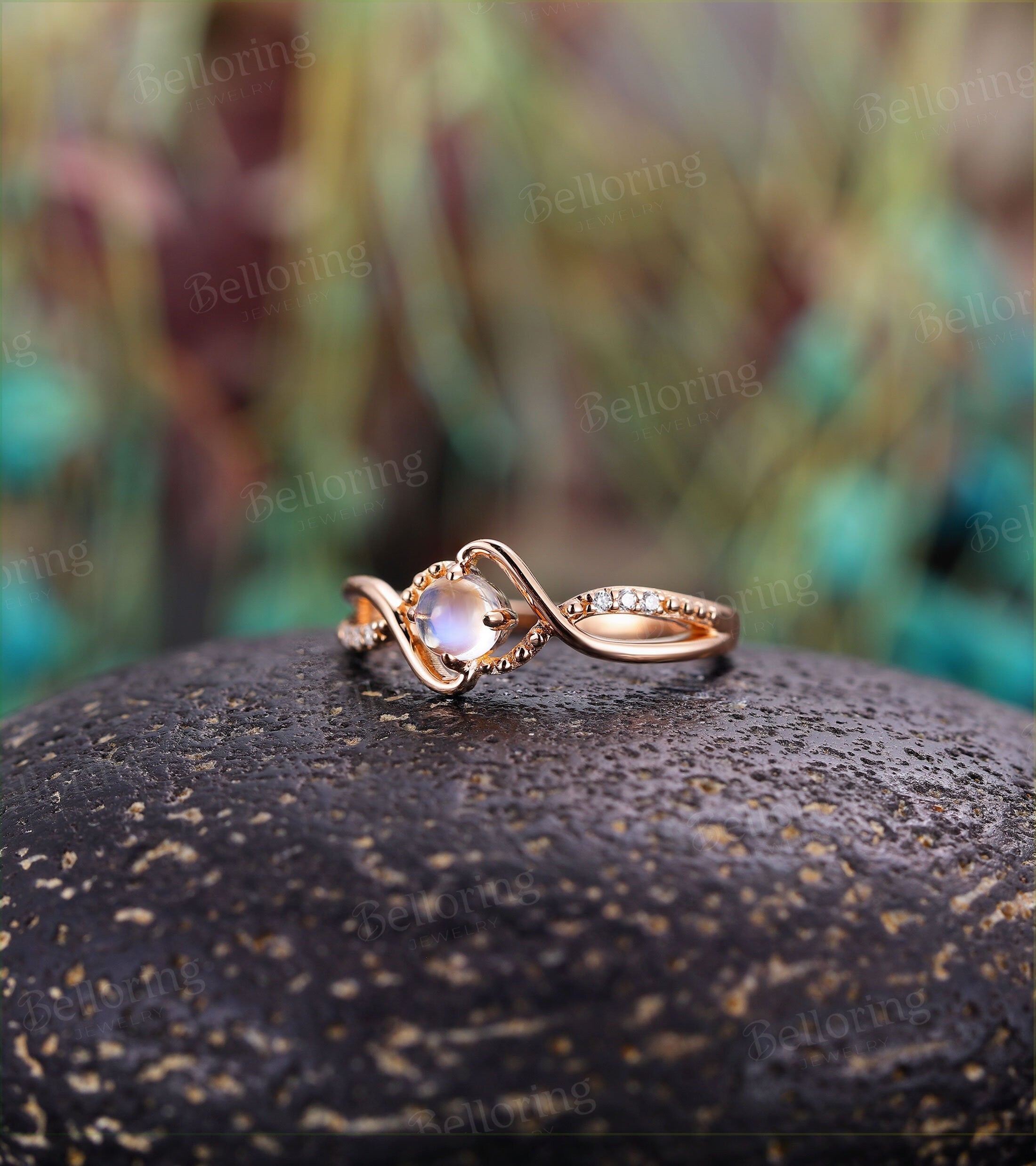 Moonstone engagement ring Vintage diamond ring twist ring rose gold ring Unique wedding ring Art deco ring antique ring Anniversary ring