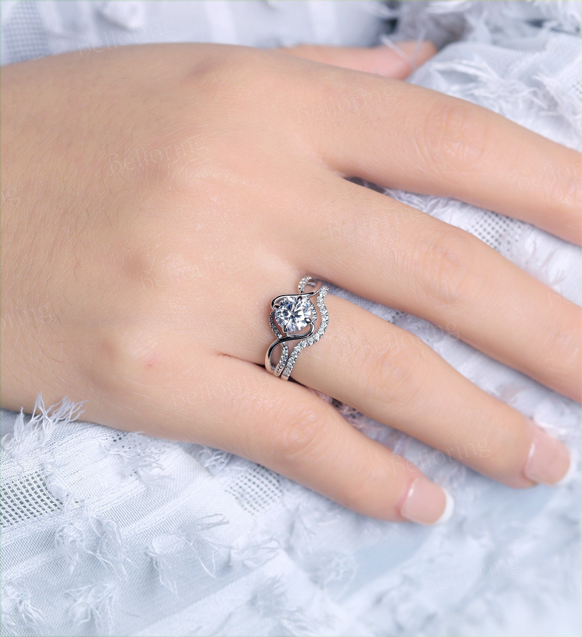 Moissanite engagement ring set Vintage white gold Unique infinity ring half eternity Art deco Jewelry promise Anniversary wedding ring