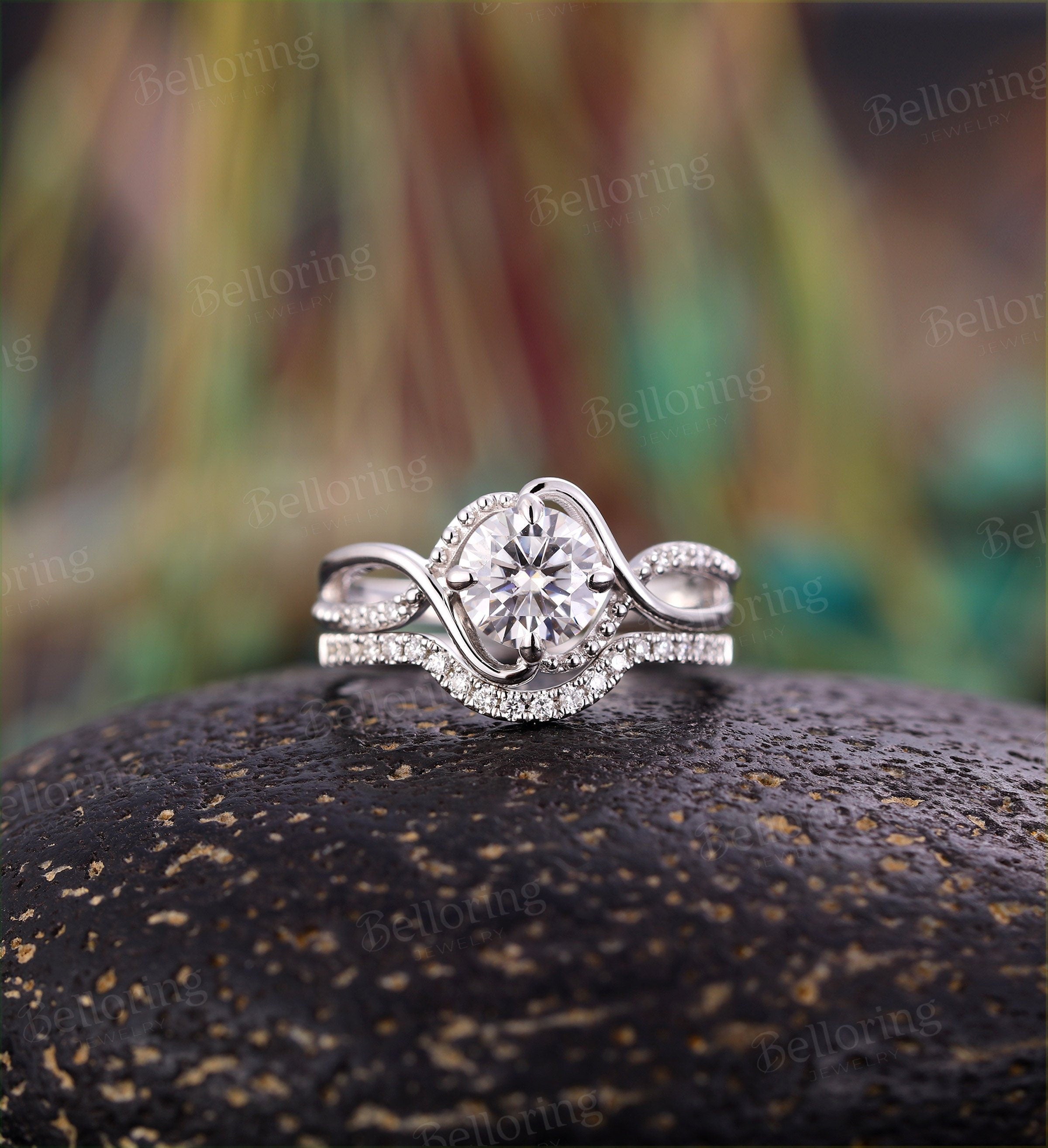 Moissanite engagement ring set Vintage white gold Unique infinity ring half eternity Art deco Jewelry promise Anniversary wedding ring