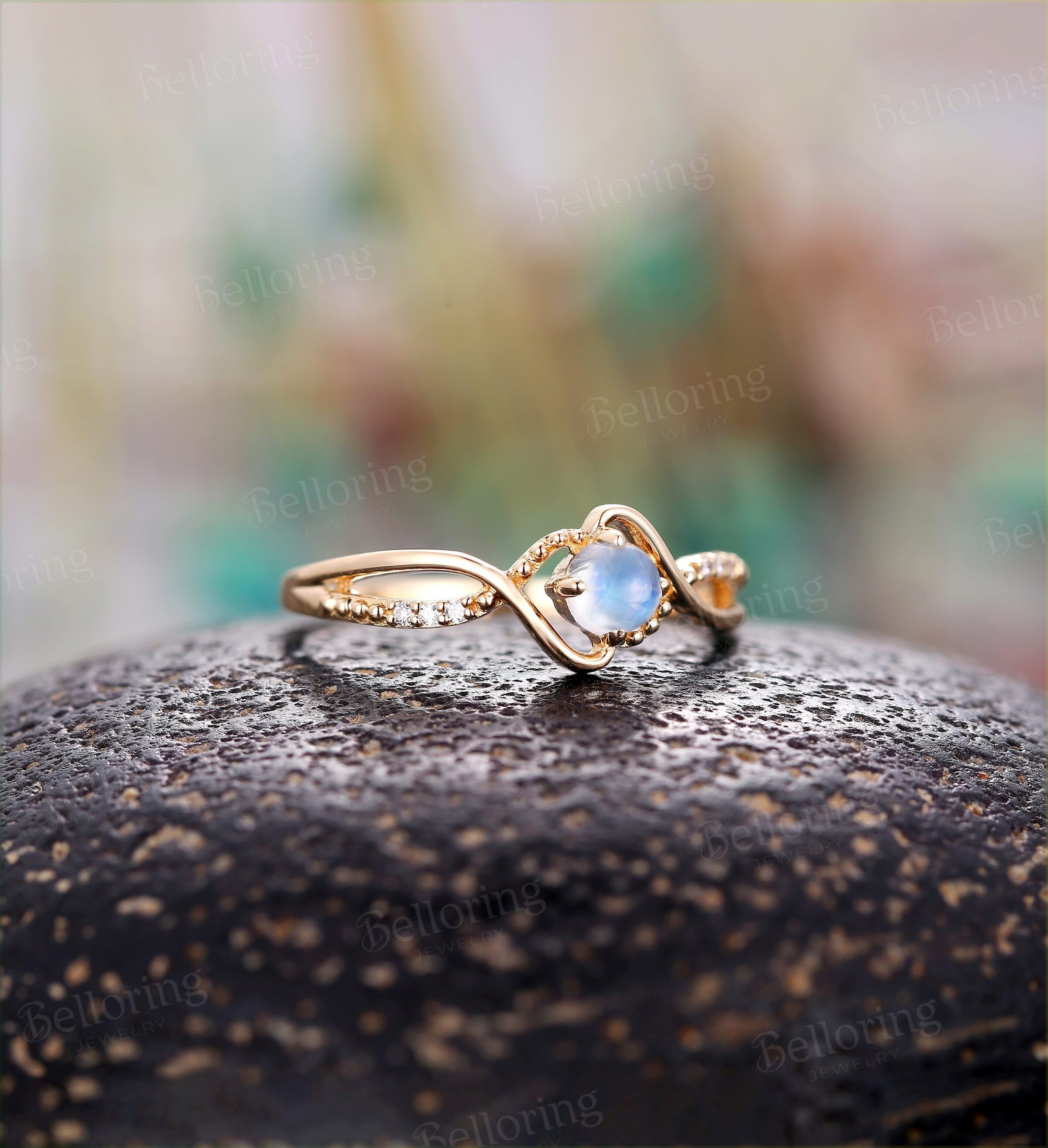 Moonstone engagement ring Vintage diamond ring twist ring rose gold ring Unique wedding ring Art deco ring antique ring Anniversary ring