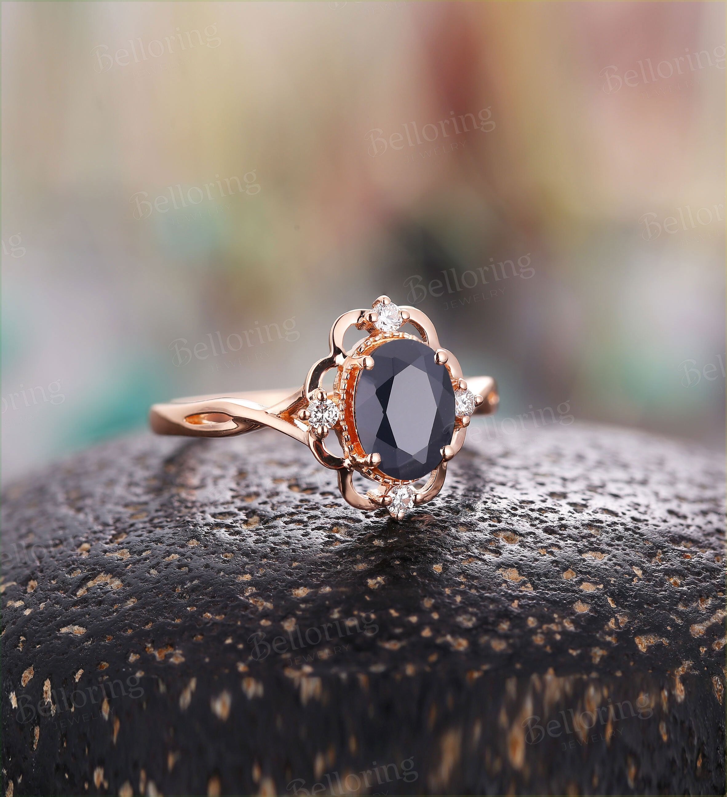 Black Onyx engagement ring vintage Rose gold ring oval cut Antique diamond ring art deco ring Wedding ring unique ring Anniversary ring