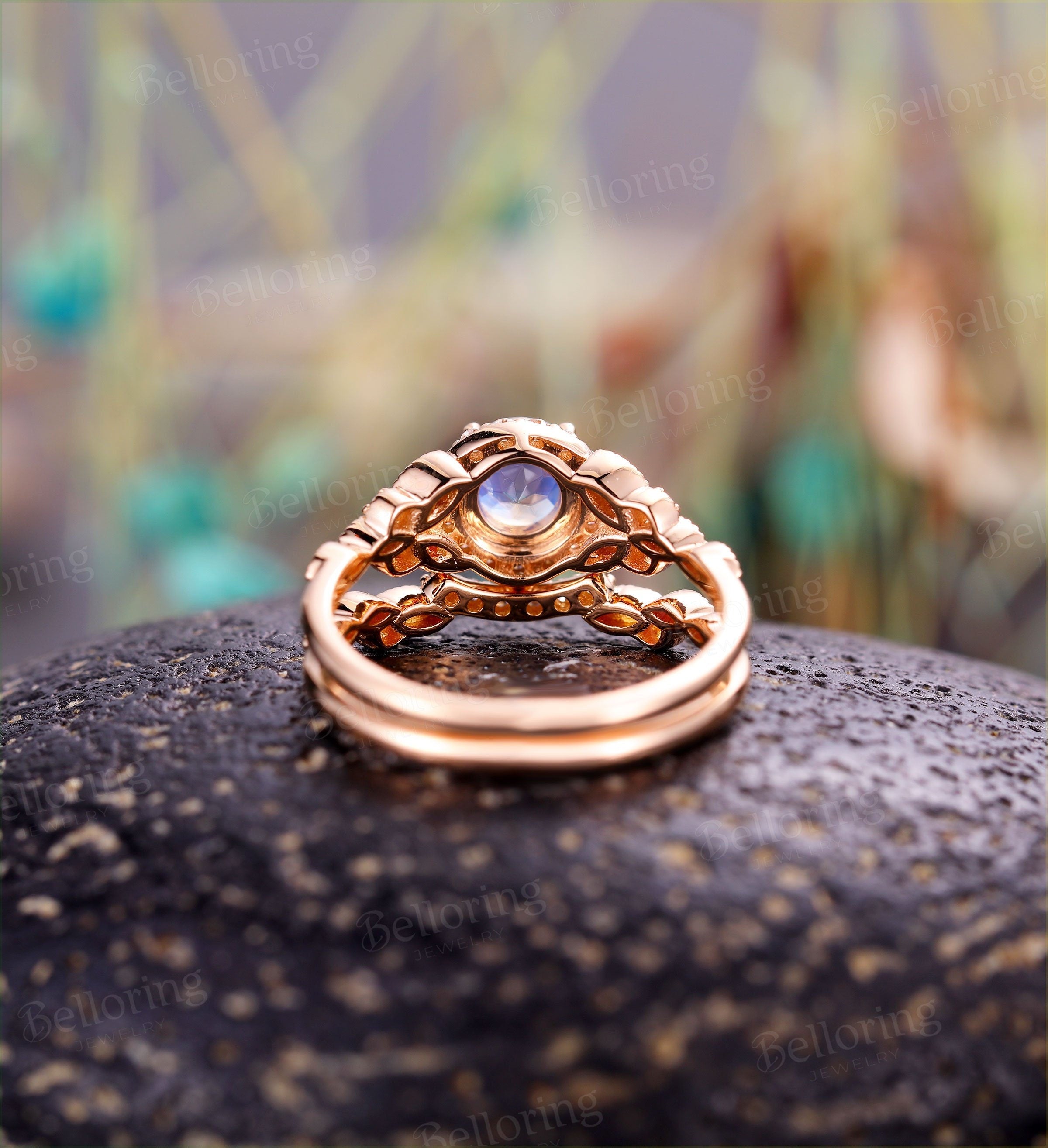 Art deco Moonstone Engagement Ring  rose Gold vintage round cut Milgrain diamond wedding ring  Promise Anniversary wedding ring