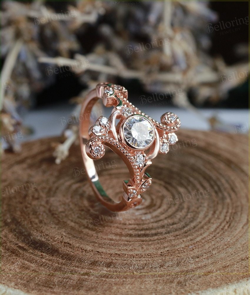 Moissanite engagement ring Vintage  rose gold round cut diamond Art deco  wedding Jewelry antique promise Anniversary wedding ring