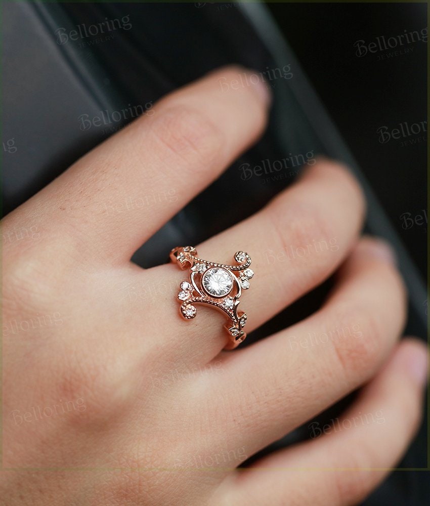 Moissanite engagement ring Vintage  rose gold round cut diamond Art deco  wedding Jewelry antique promise Anniversary wedding ring