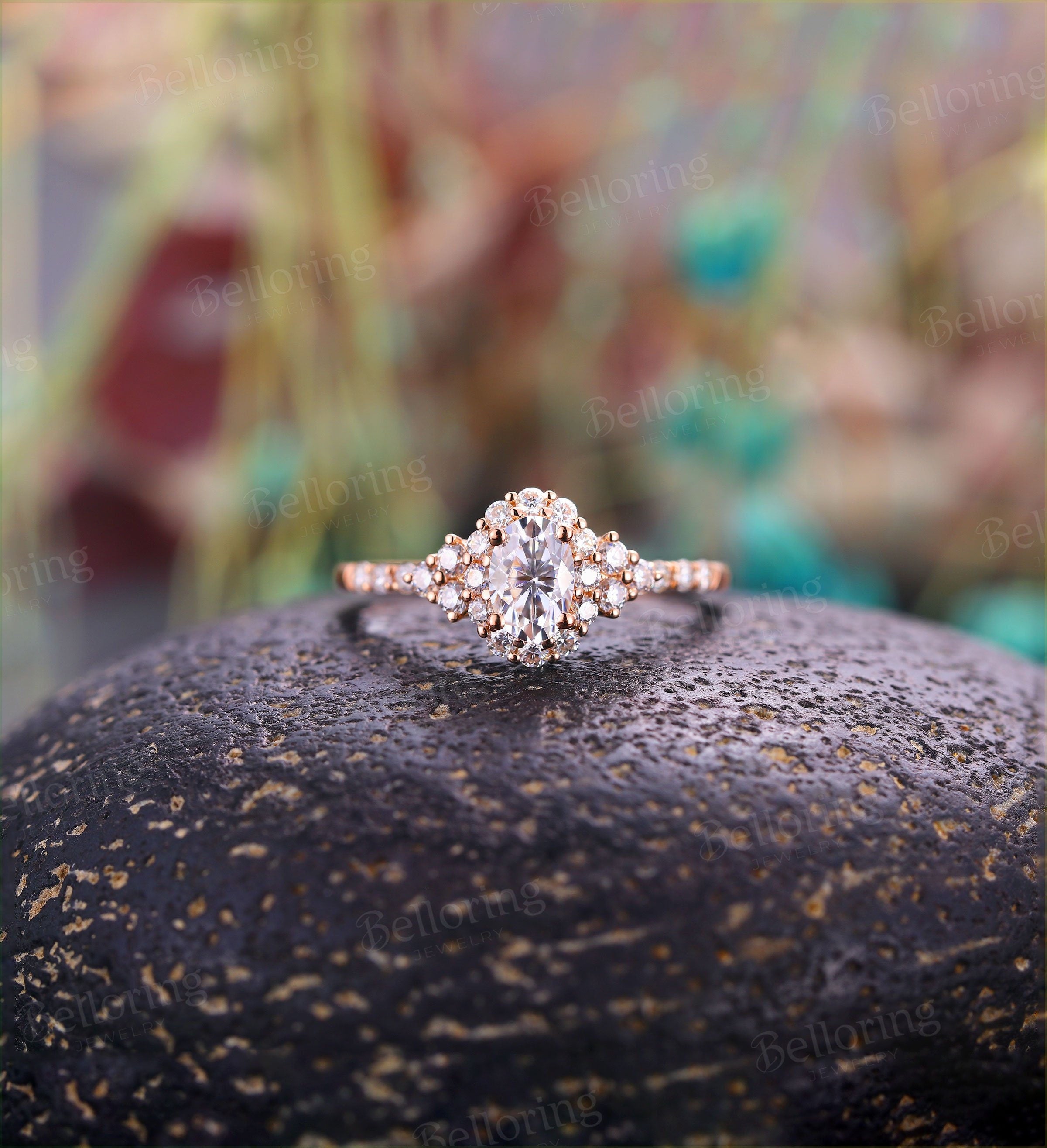 Moissanite engagement ring Vintage  oval cut Art deco rose gold Unique wedding Bridal Jewelry antique promise Anniversary wedding ring