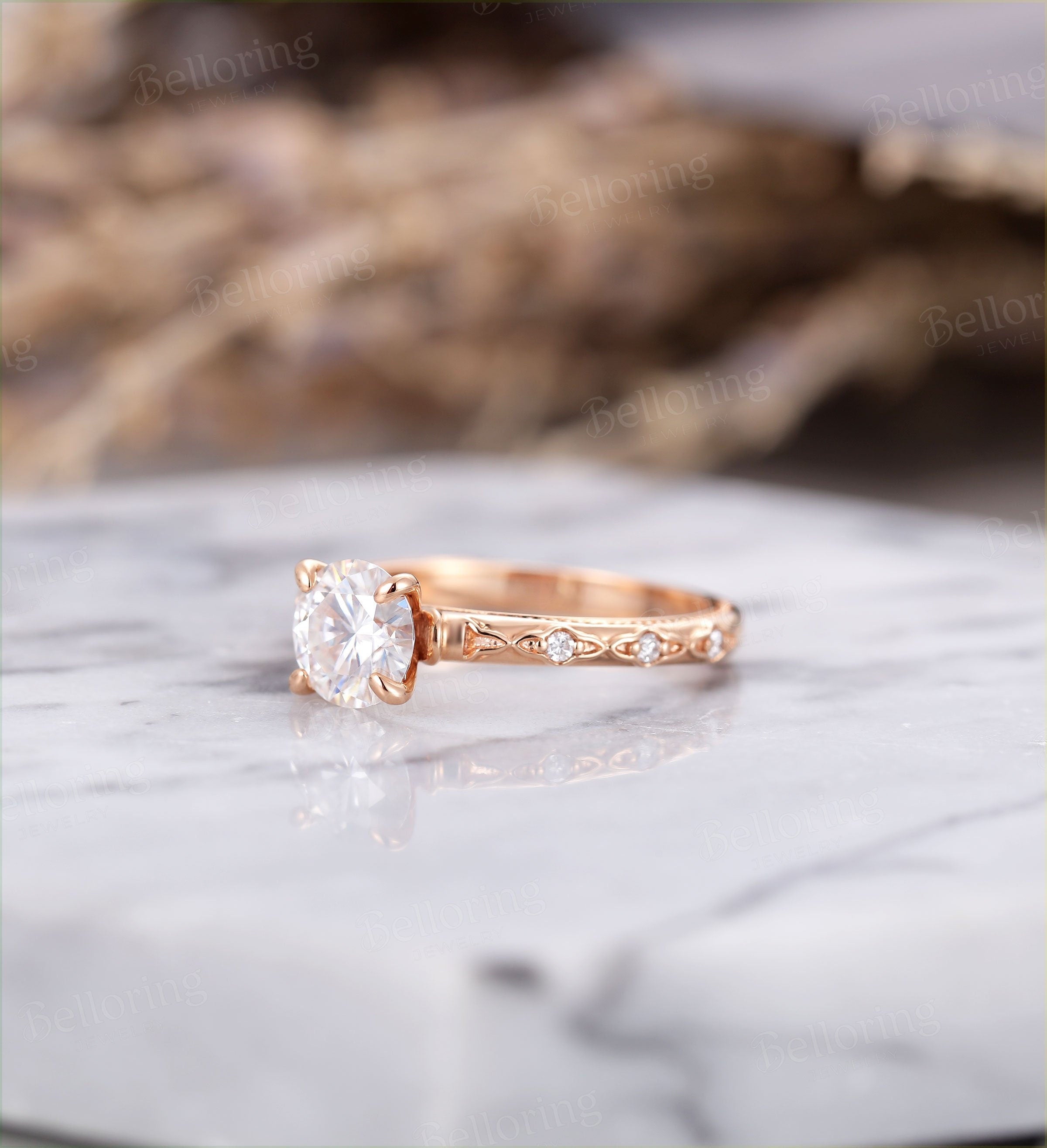 Moissanite engagement ring vintage rose gold Antique Delicate diamond prong set Wedding  unique Promise Anniversary wedding ring