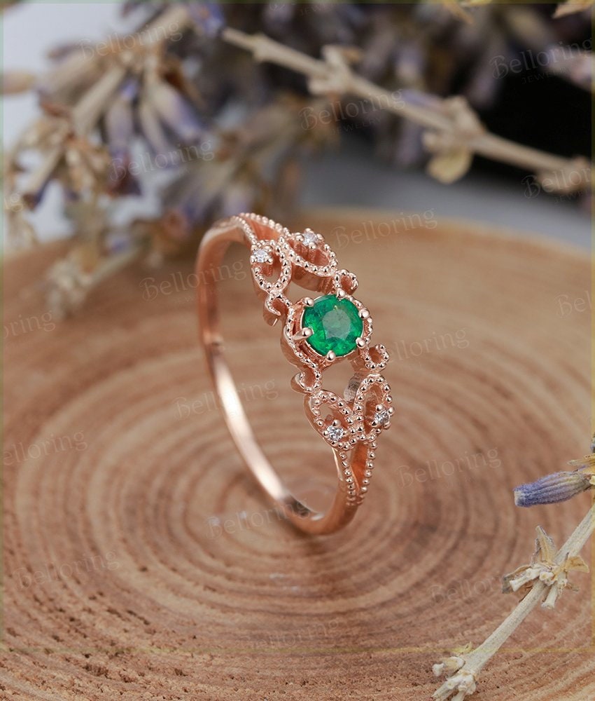 Emerald Engagement Ring  rose Gold wedding vintage round cut Art Deco unique diamond ring  Promise Anniversary wedding ring