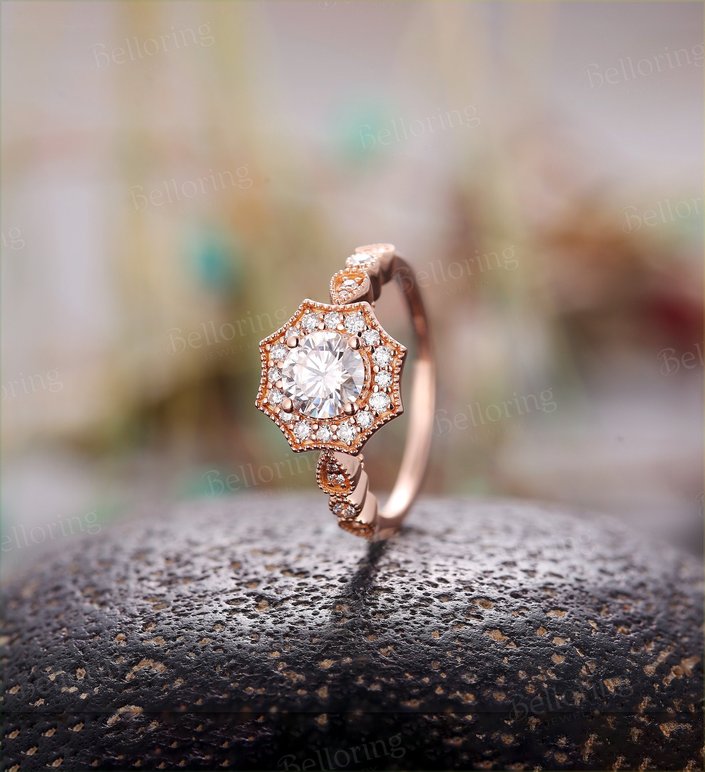 Moissanite engagement ring Vintage  round cut halo diamond Art deco rose gold  Unique wedding Jewelry promise Anniversary wedding ring