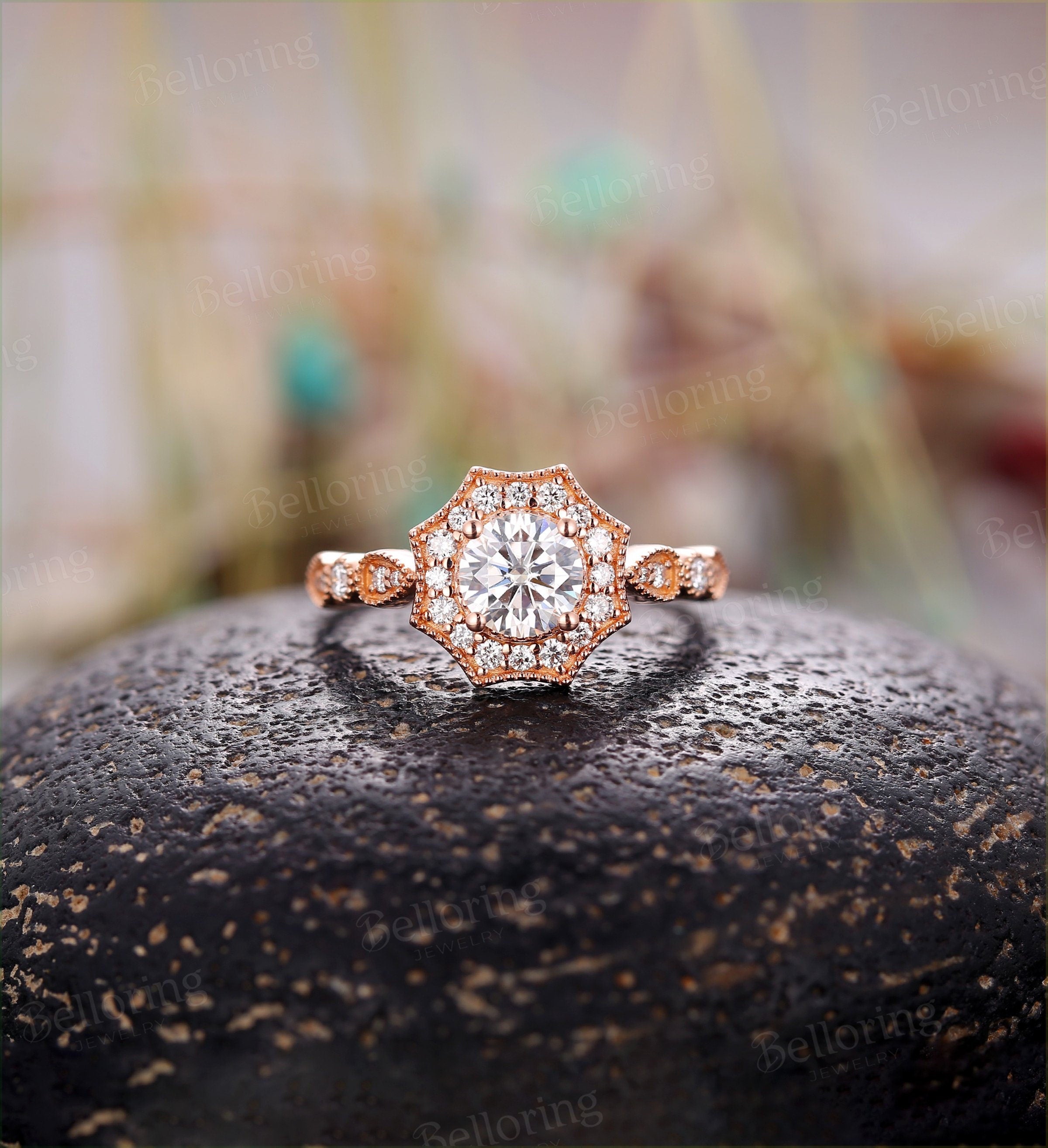 Moissanite engagement ring Vintage  round cut halo diamond Art deco rose gold  Unique wedding Jewelry promise Anniversary wedding ring