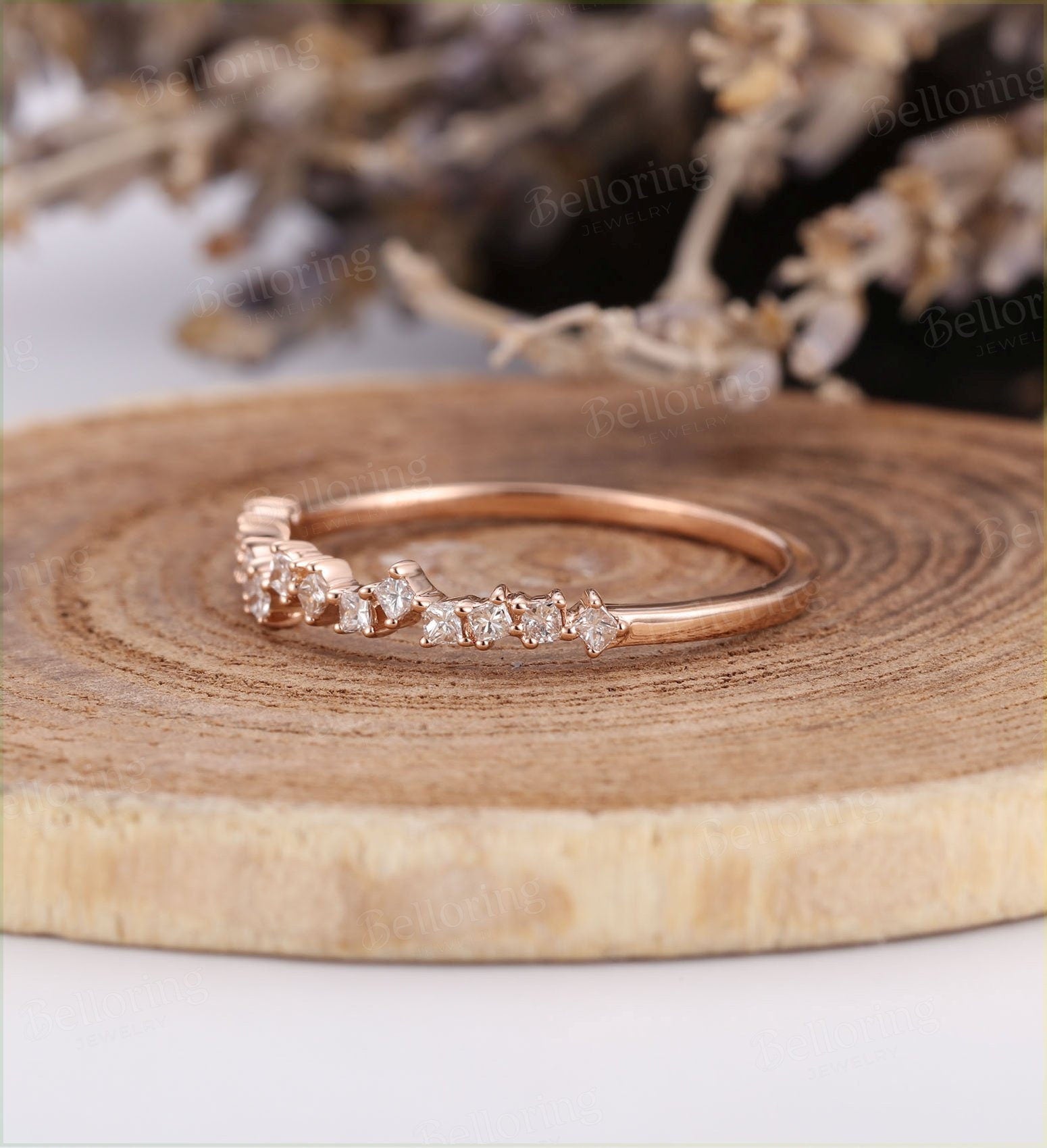 Diamond wedding band Vintage  rose Gold Half eternity unique milgrain Art Deco Antique  Promise Anniversary wedding ring