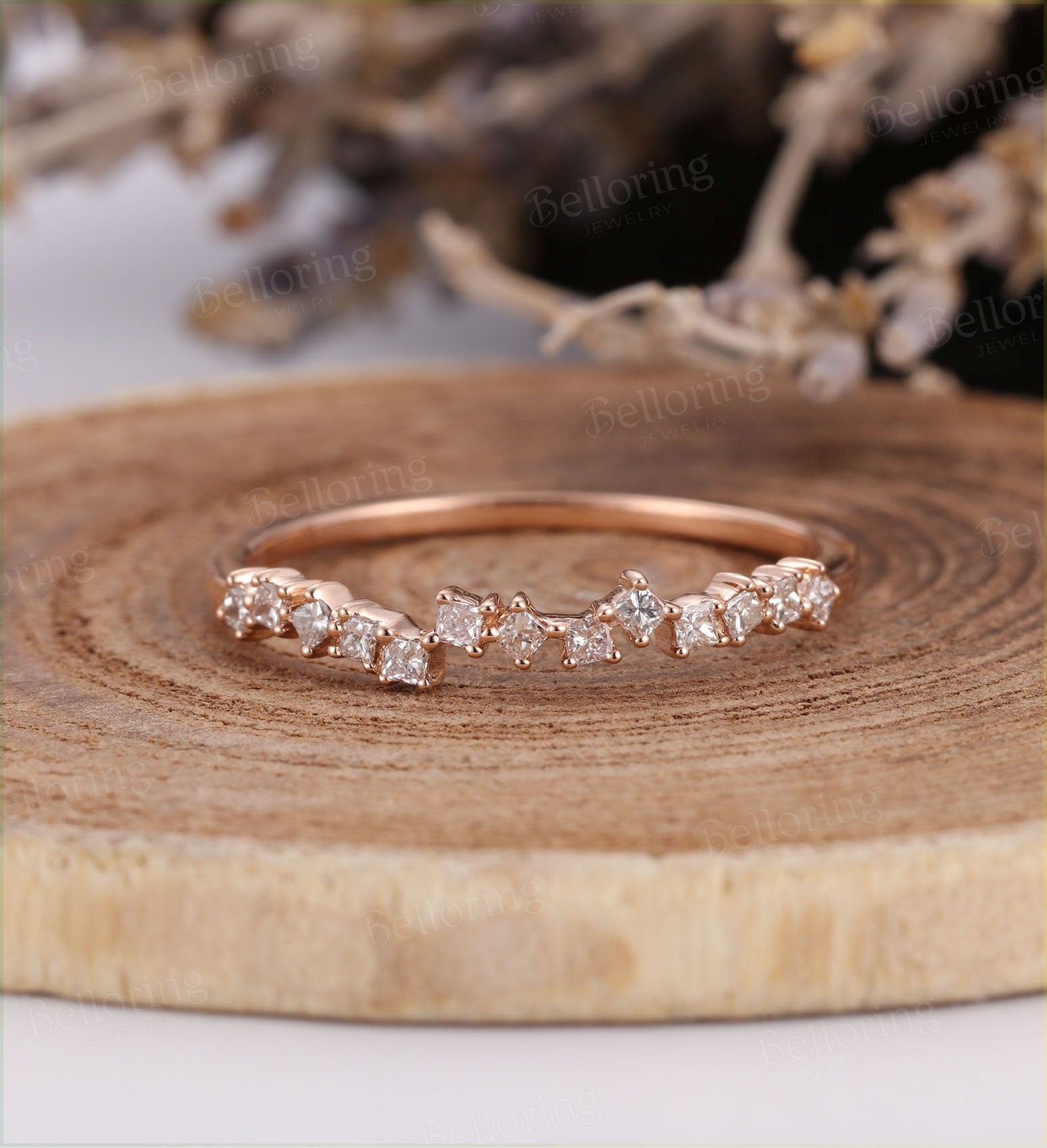 Diamond wedding band Vintage  rose Gold Half eternity unique milgrain Art Deco Antique  Promise Anniversary wedding ring