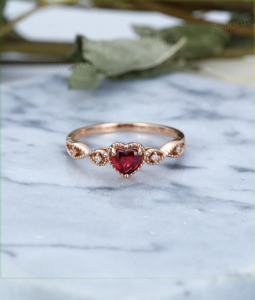 Heart shaped Ruby engagement ring rose gold ring Vintage milgrain diamond wedding ring unique antique art deco Anniversary wedding ring