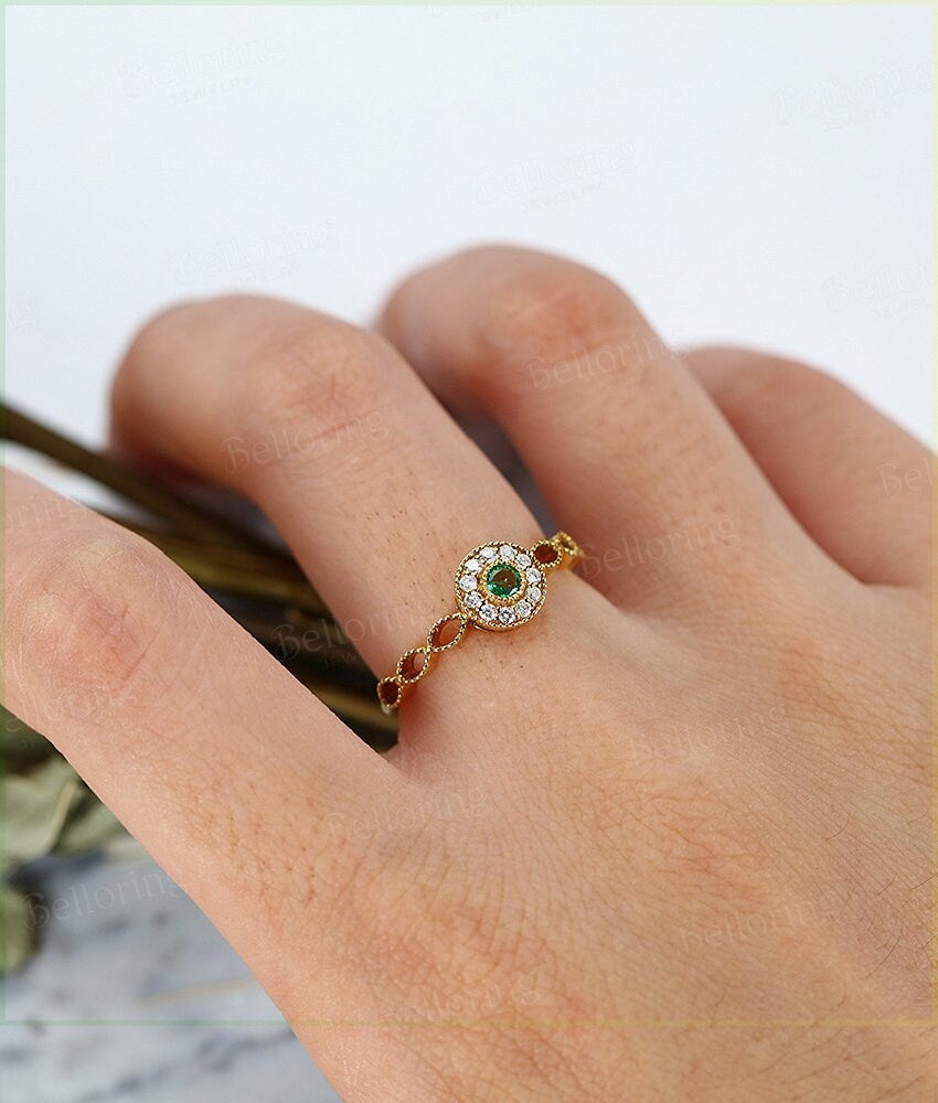 Emerald  Engagement Ring 14K yellow Gold vintage round cut Antique halo diamond wedding ring    Promise Anniversary wedding ring