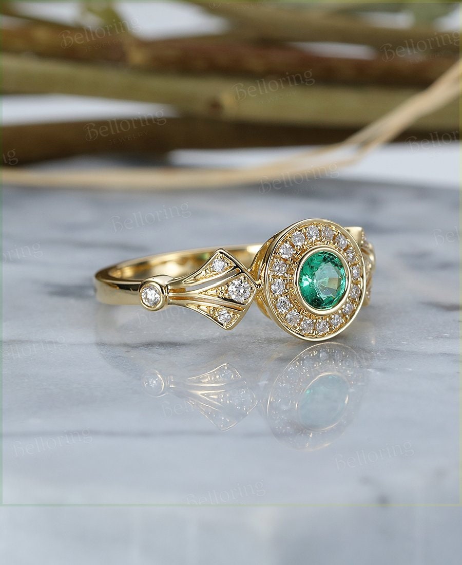 Emerald  Engagement Ring yellow Gold vintage round cut Art Deco Antique halo diamond wedding ring    Promise Anniversary wedding ring