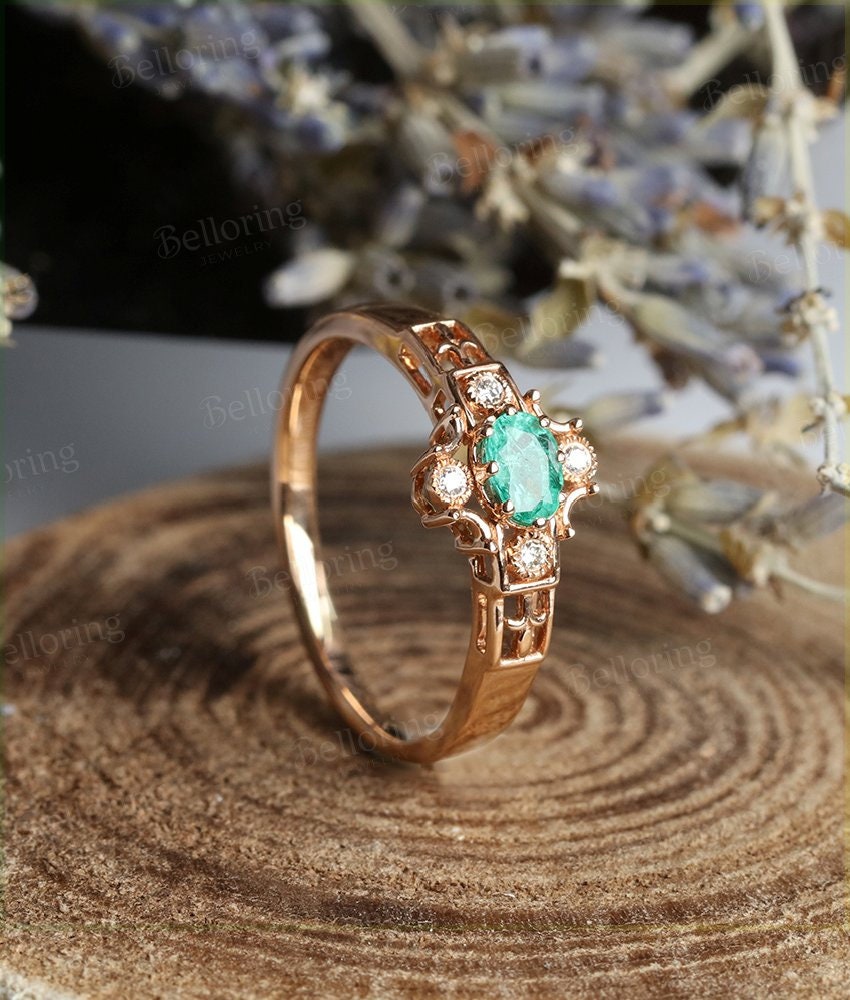 Emerald engagement ring 14k rose gold oval cut vintage Halo diamond Half eternity Wedding   Jewelry birthstone Anniversary wedding ring