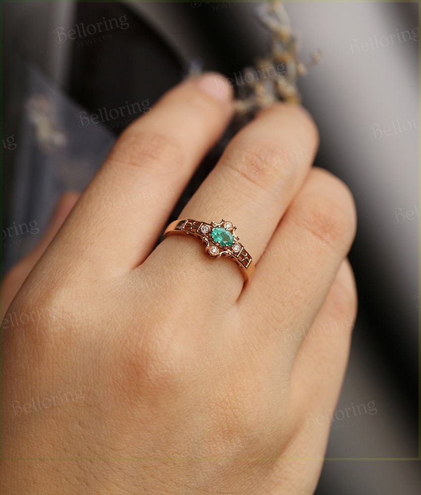 Emerald engagement ring 14k rose gold oval cut vintage Halo diamond Half eternity Wedding   Jewelry birthstone Anniversary wedding ring