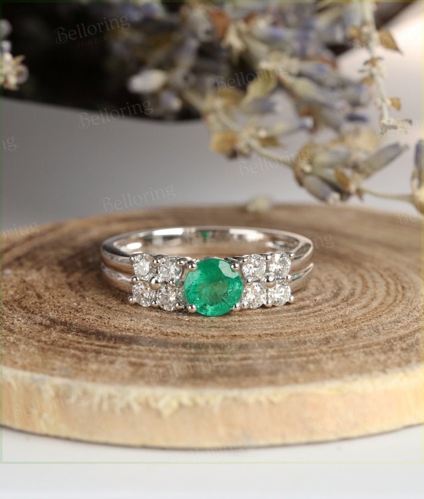 Emerald engagement ring 14k white gold round cut vintage Halo moissanite Half eternity Wedding  Bridal Jewelry Anniversary wedding ring