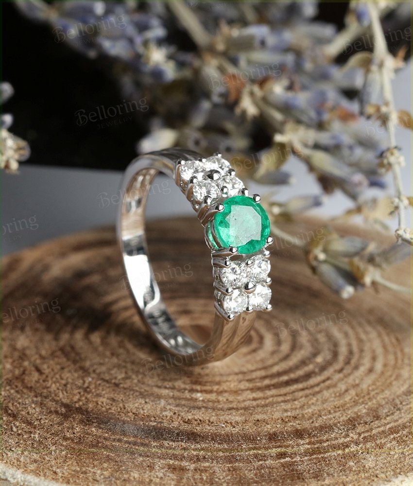 Emerald engagement ring 14k white gold round cut vintage Halo moissanite Half eternity Wedding  Bridal Jewelry Anniversary wedding ring