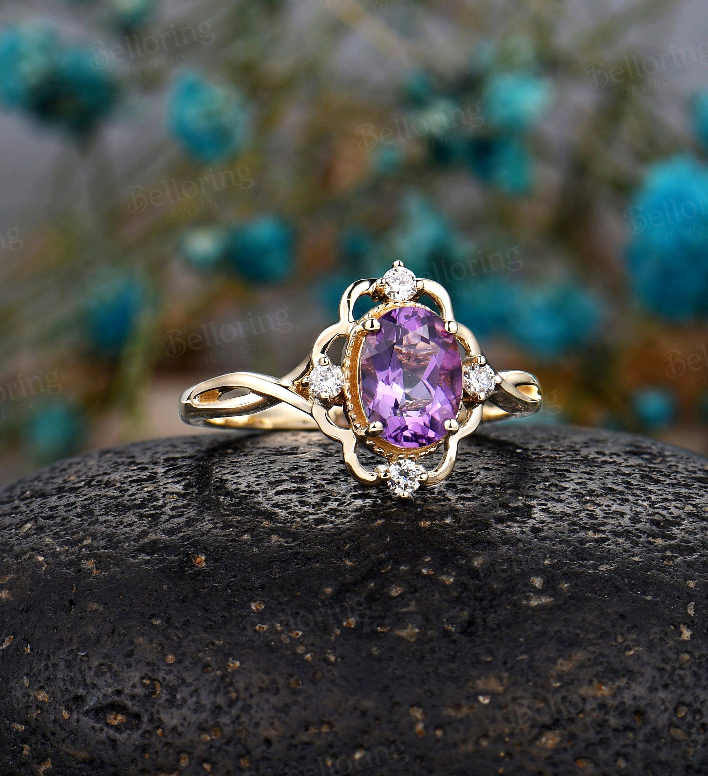 Amethyst engagement ring Vintage Yellow gold ring oval cut Antique ring Art deco diamond Wedding Ring Promise Anniversary wedding ring