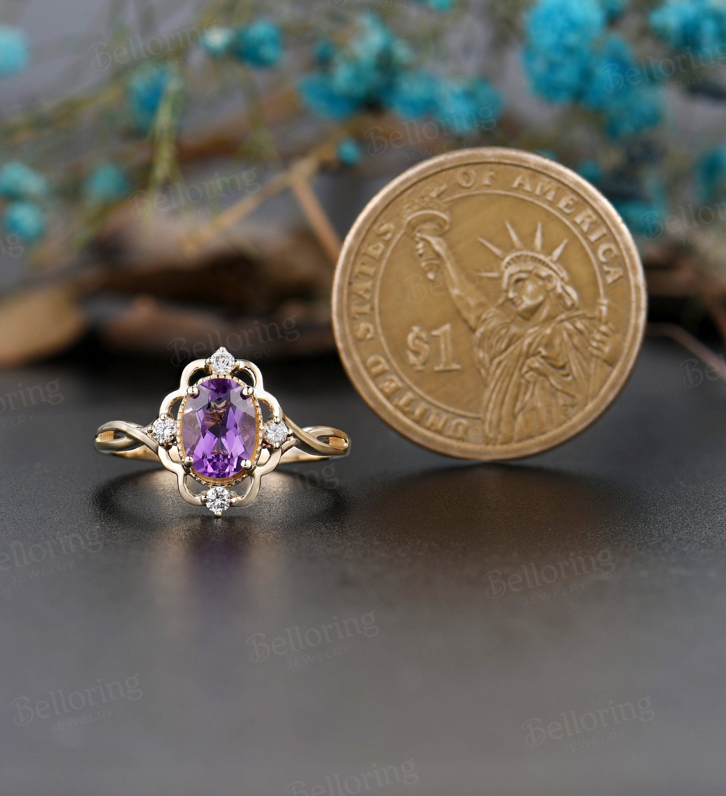 Amethyst engagement ring Vintage Yellow gold ring oval cut Antique ring Art deco diamond Wedding Ring Promise Anniversary wedding ring