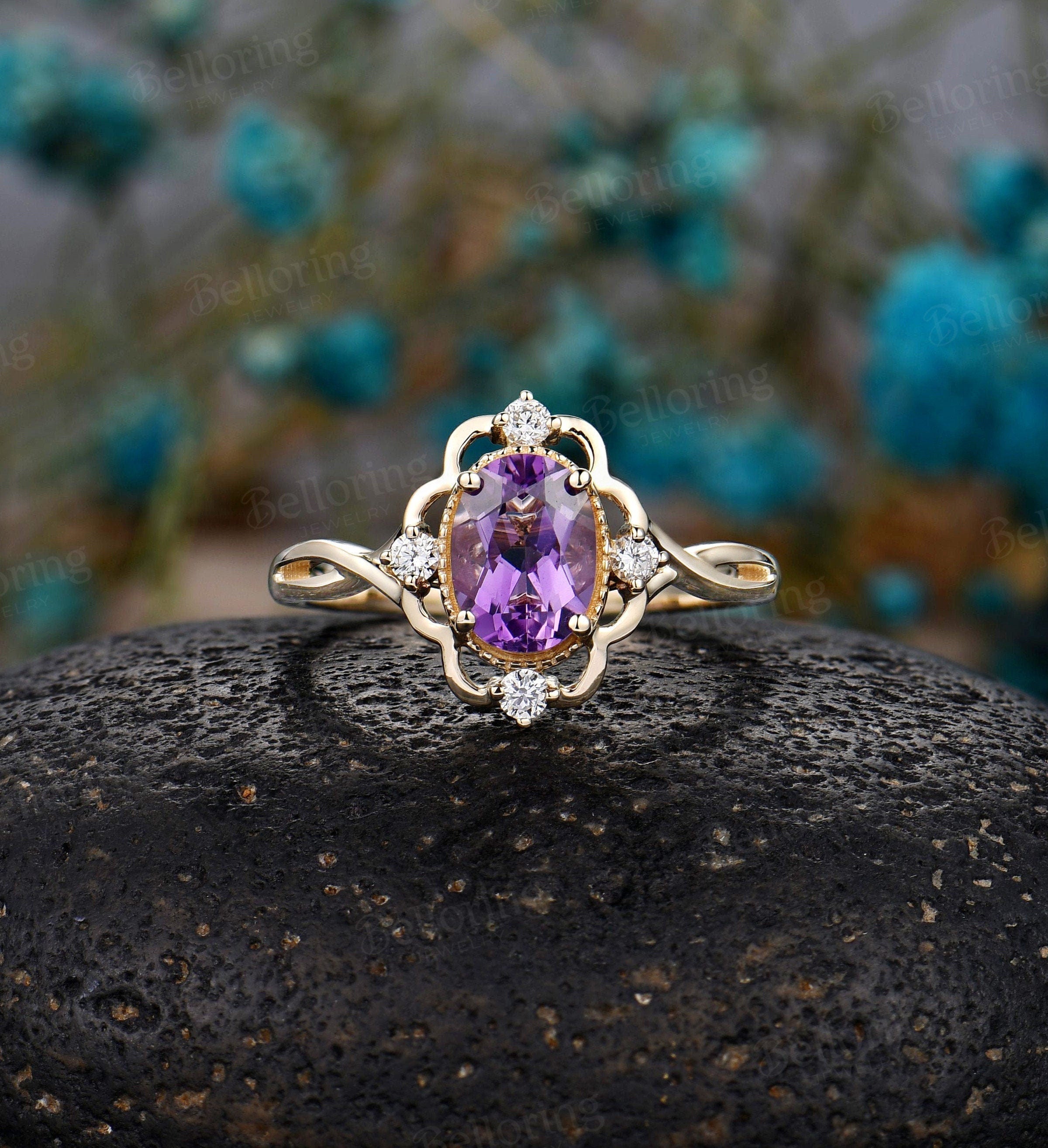 Amethyst engagement ring Vintage Yellow gold ring oval cut Antique ring Art deco diamond Wedding Ring Promise Anniversary wedding ring