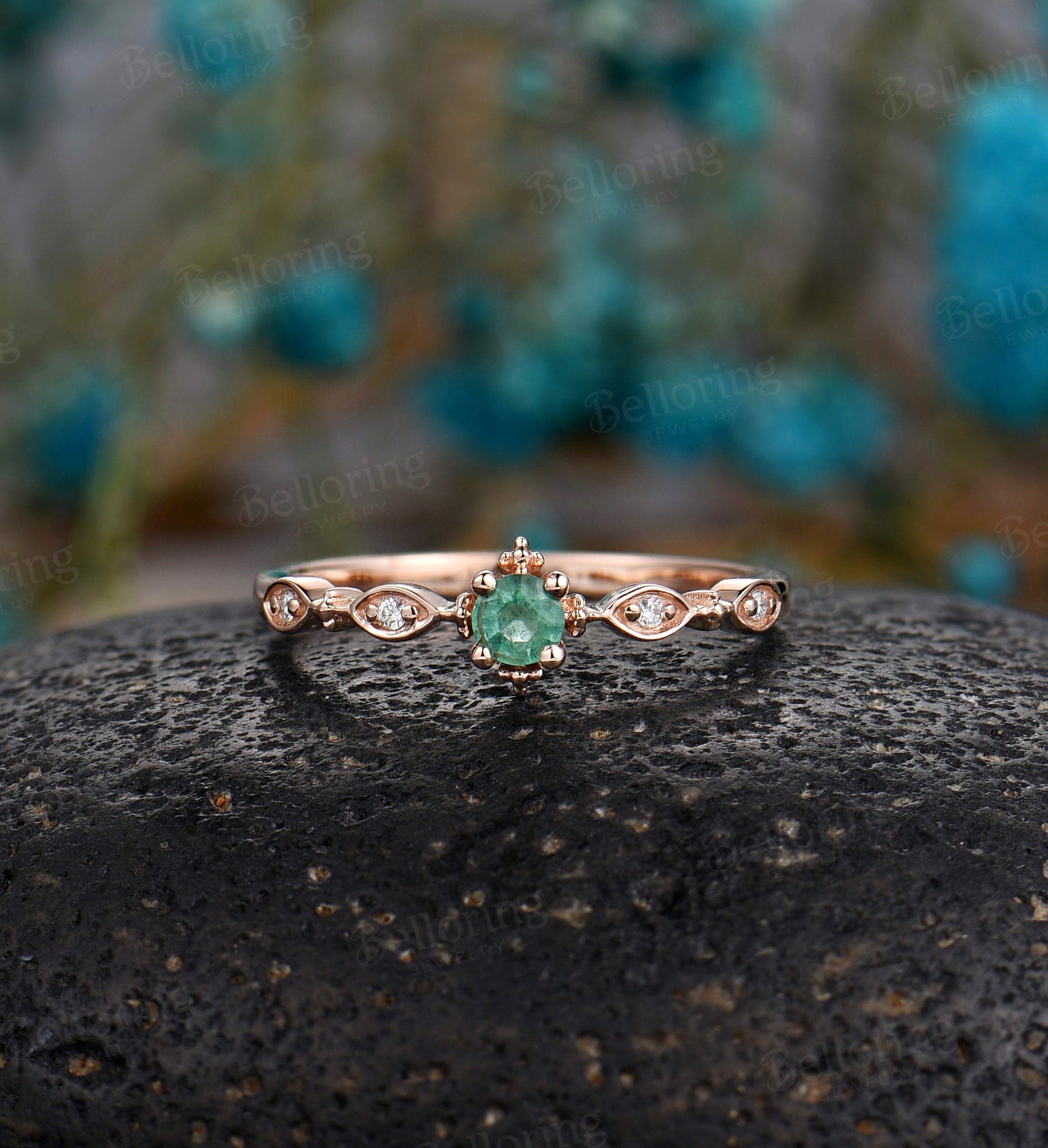 Emerald Engagement Ring rose gold ring wedding vintage round cut ring Art Deco unique diamond ring Promise Anniversary  ring