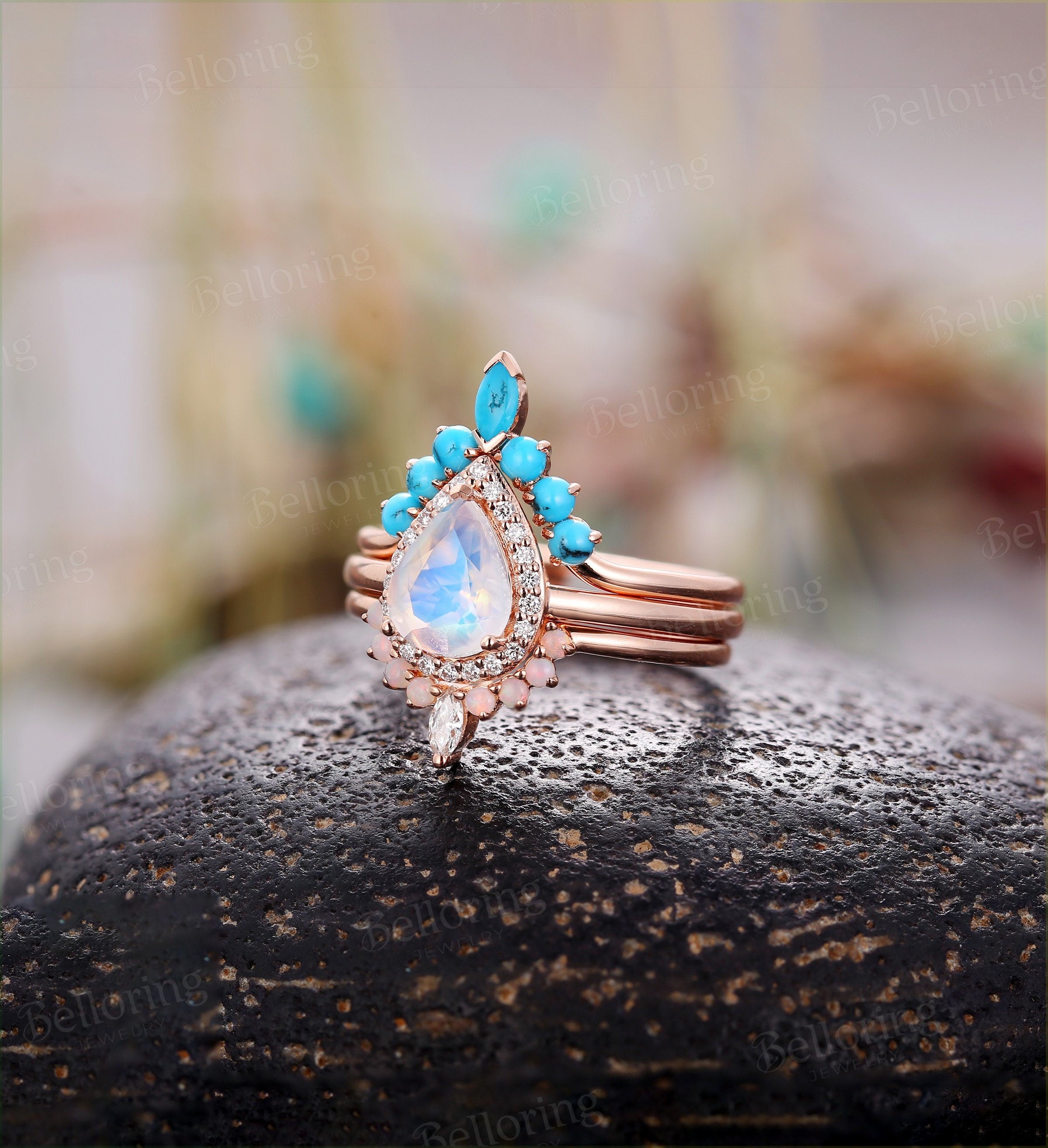 Moonstone engagement ring set  Rose gold pear cut vintage diamond and opal curved band turquoise Wedding band promise ring bridal set