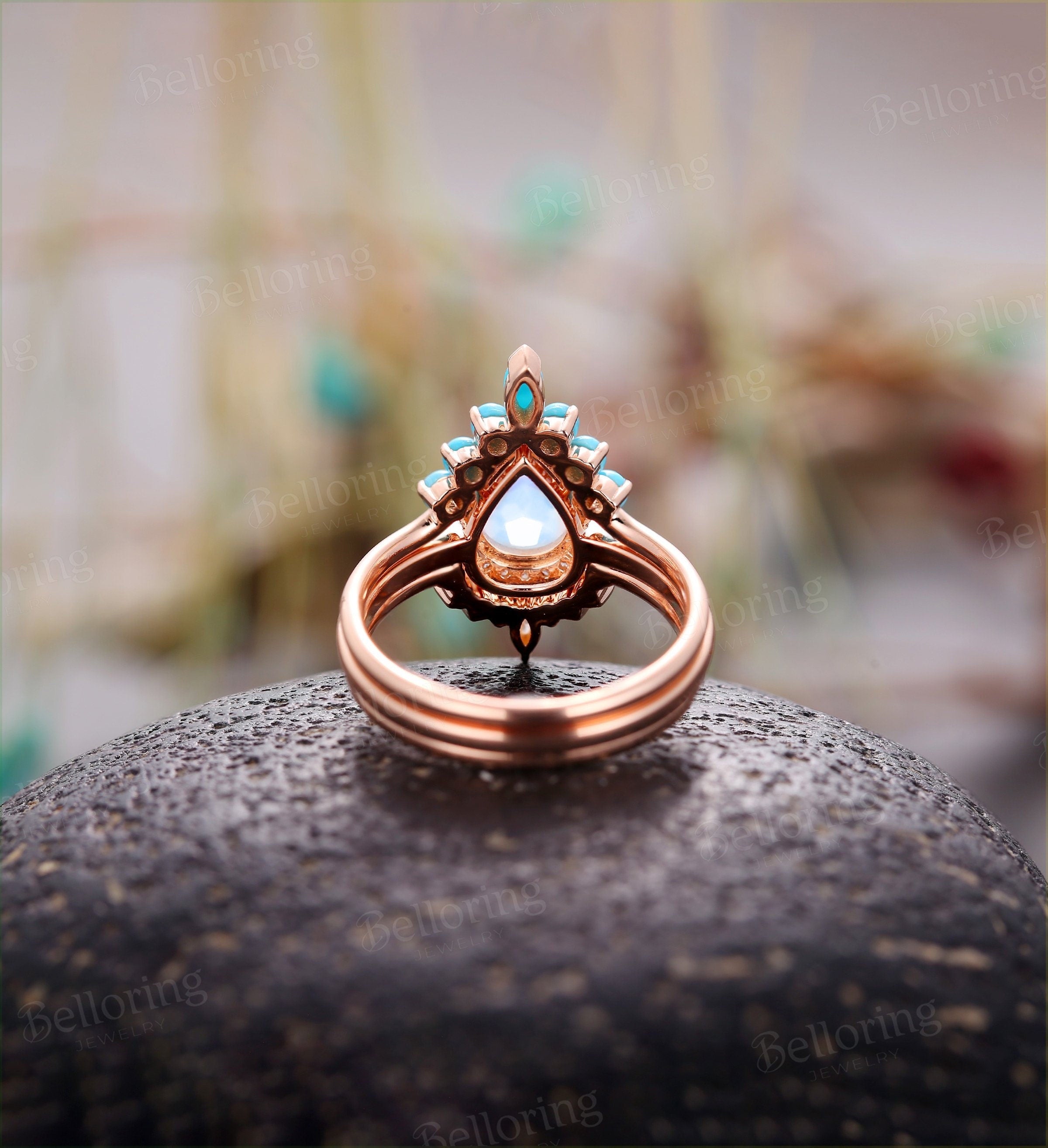 Moonstone engagement ring set  Rose gold pear cut vintage diamond and opal curved band turquoise Wedding band promise ring bridal set