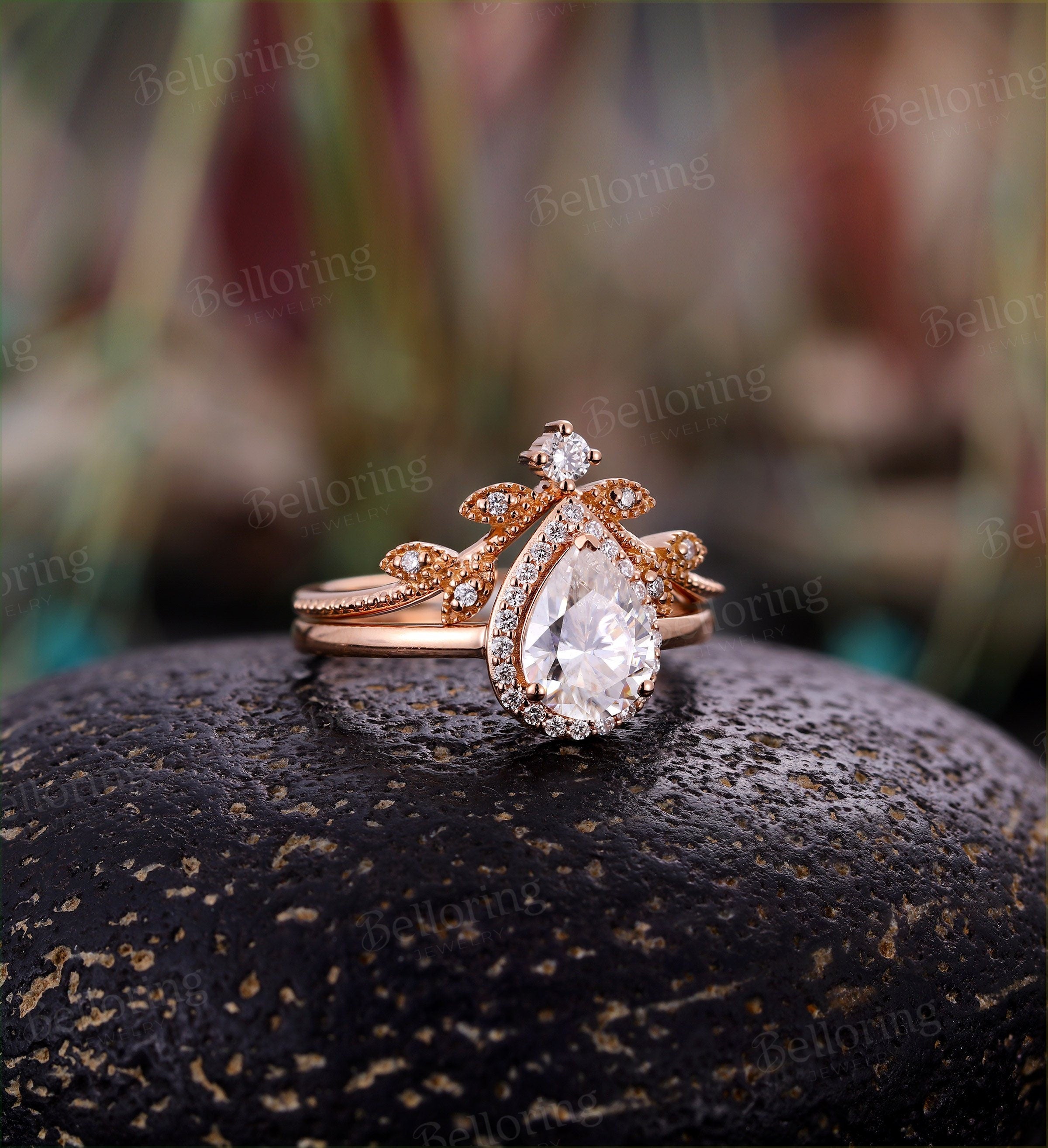 Moissanite engagement ring set  Rose gold pear cut vintage halo unique leaf Wedding band  Jewelry Anniversary wedding ring