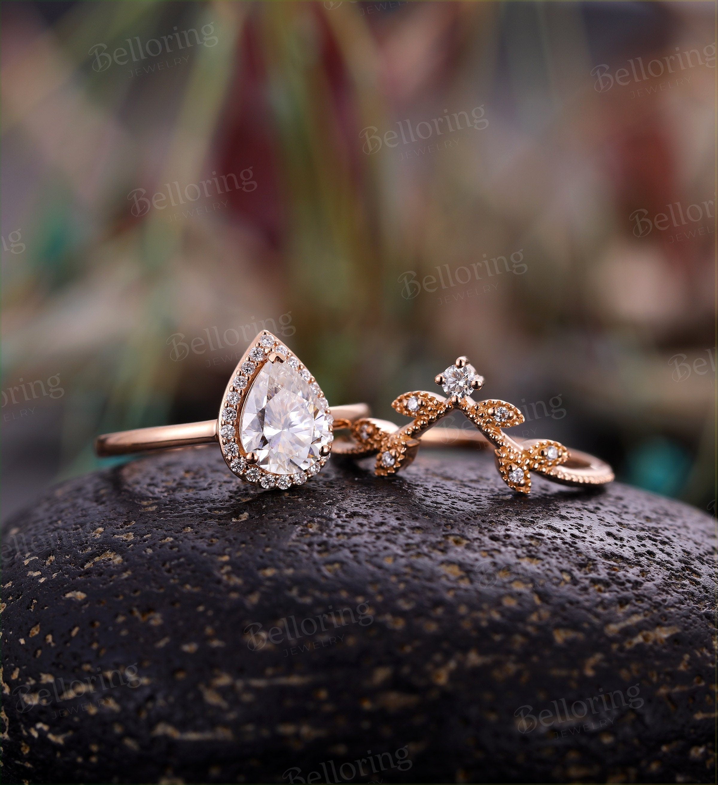 Moissanite engagement ring set  Rose gold pear cut vintage halo unique leaf Wedding band  Jewelry Anniversary wedding ring