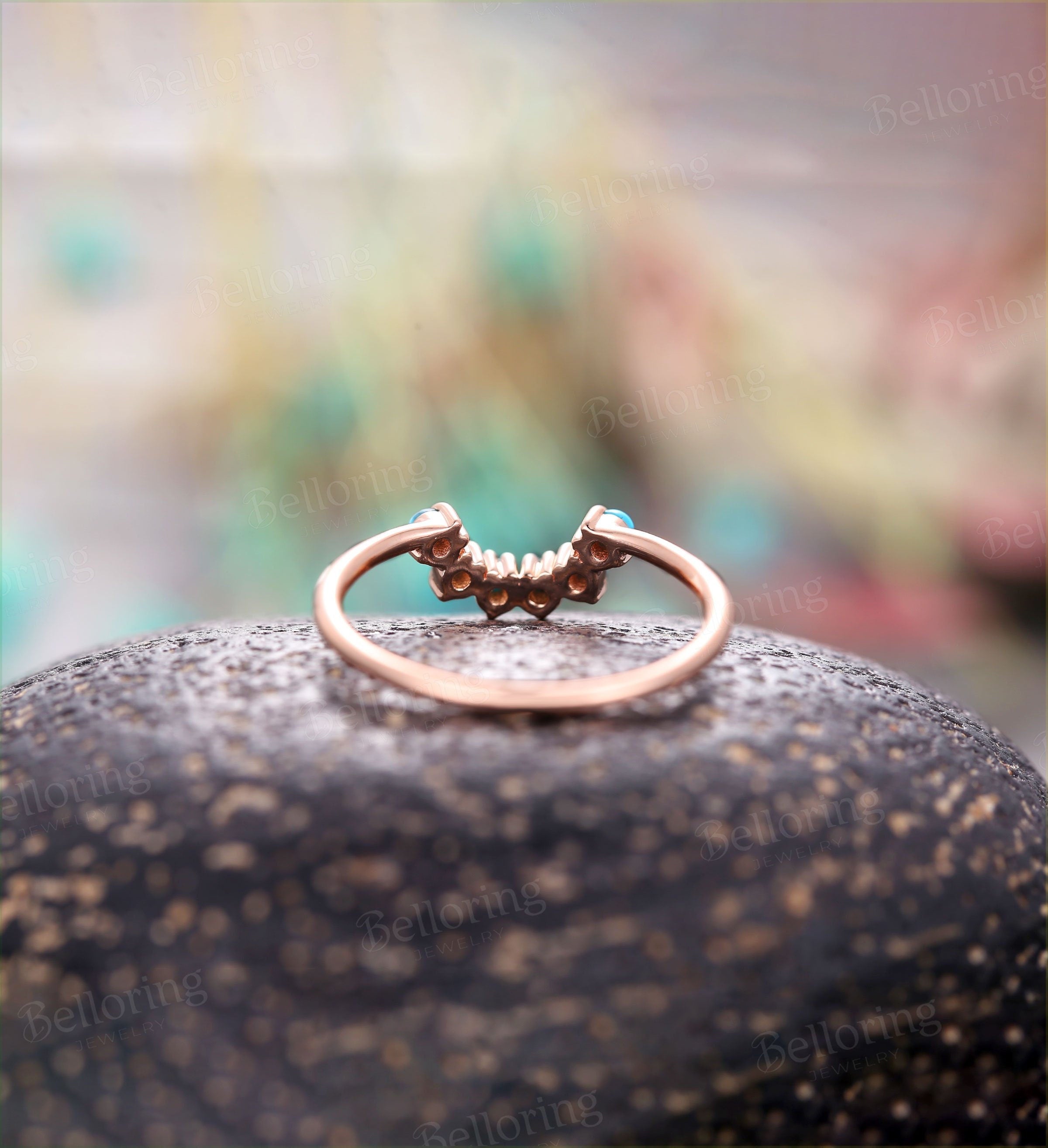 Vintage wedding band rose gold woman curved turquoise half eternity Art Deco unique  Dainty antique Promise anniversary wedding ring