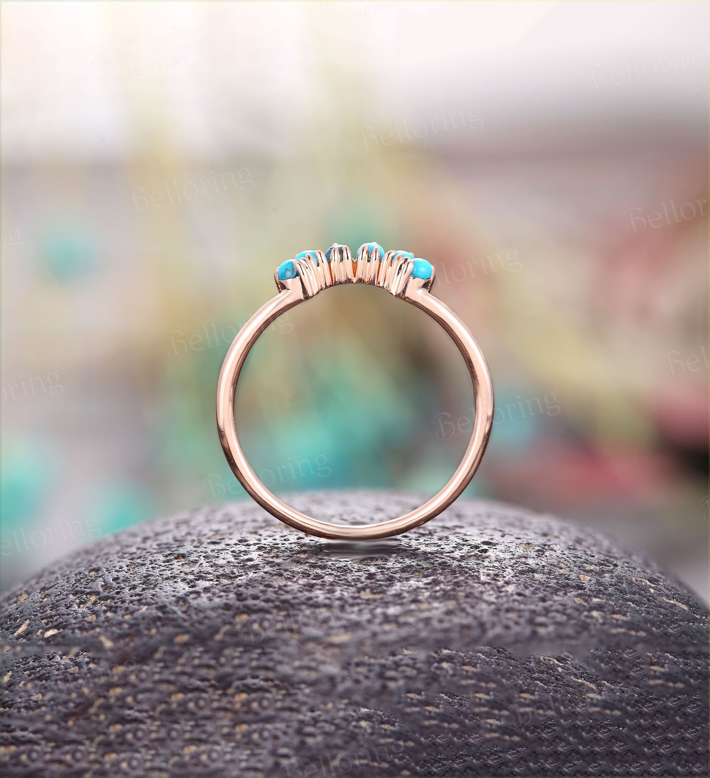 Vintage wedding band rose gold woman curved turquoise half eternity Art Deco unique  Dainty antique Promise anniversary wedding ring