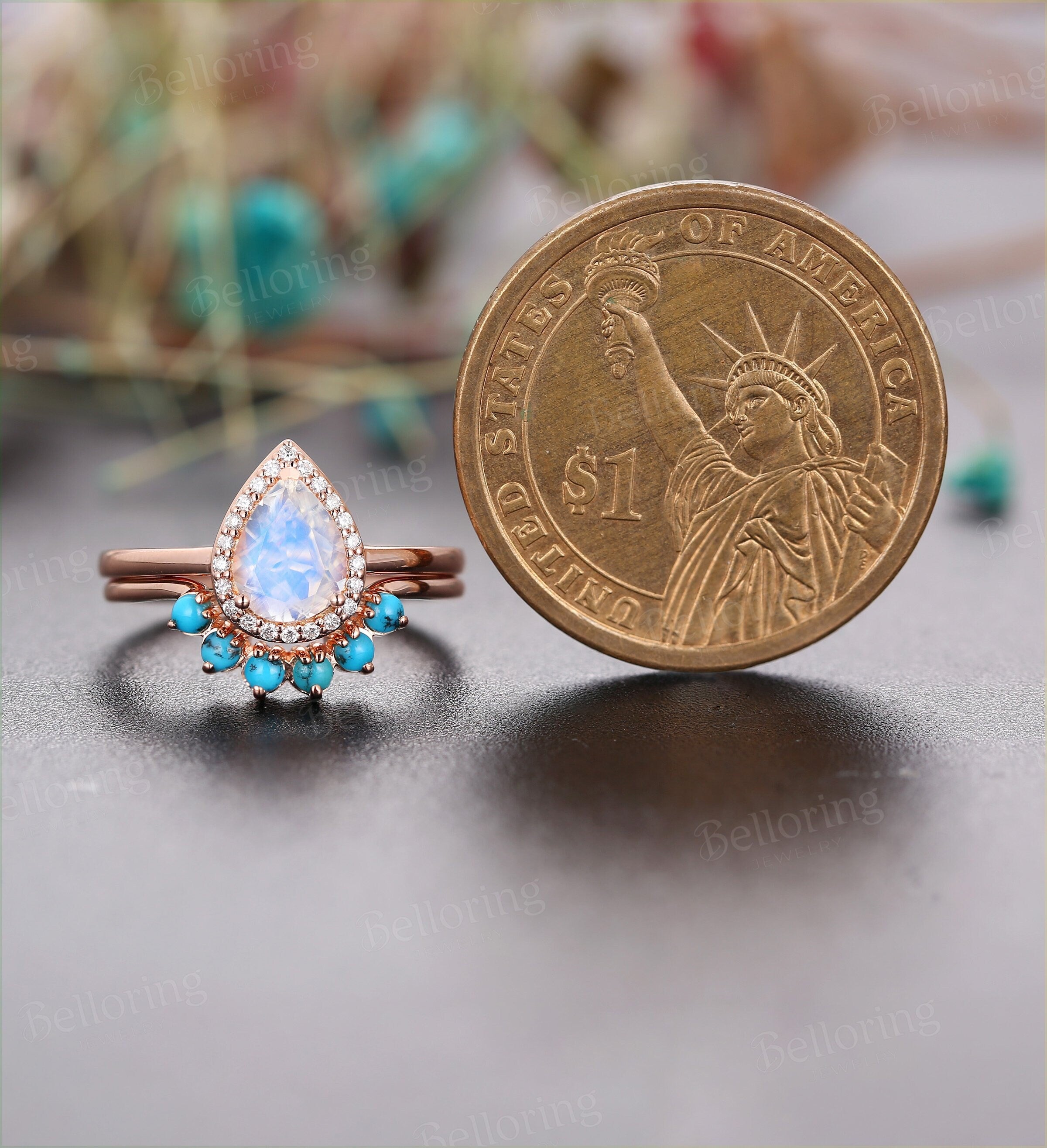 Moonstone engagement ring  pear cut vintage diamond turquoise Wedding Ring set Jewelry birthstone Anniversary wedding ring