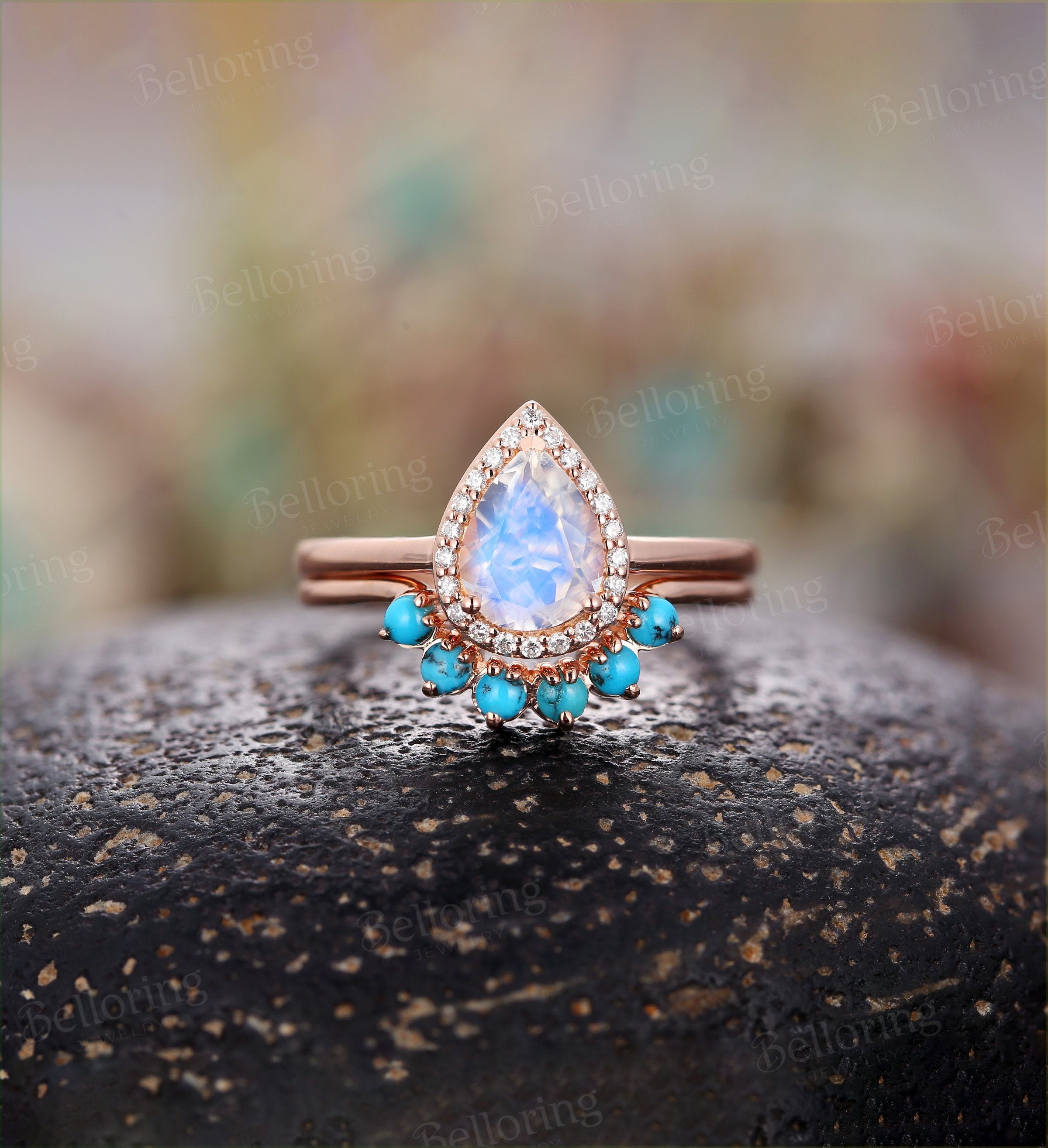 Moonstone engagement ring  pear cut vintage diamond turquoise Wedding Ring set Jewelry birthstone Anniversary wedding ring