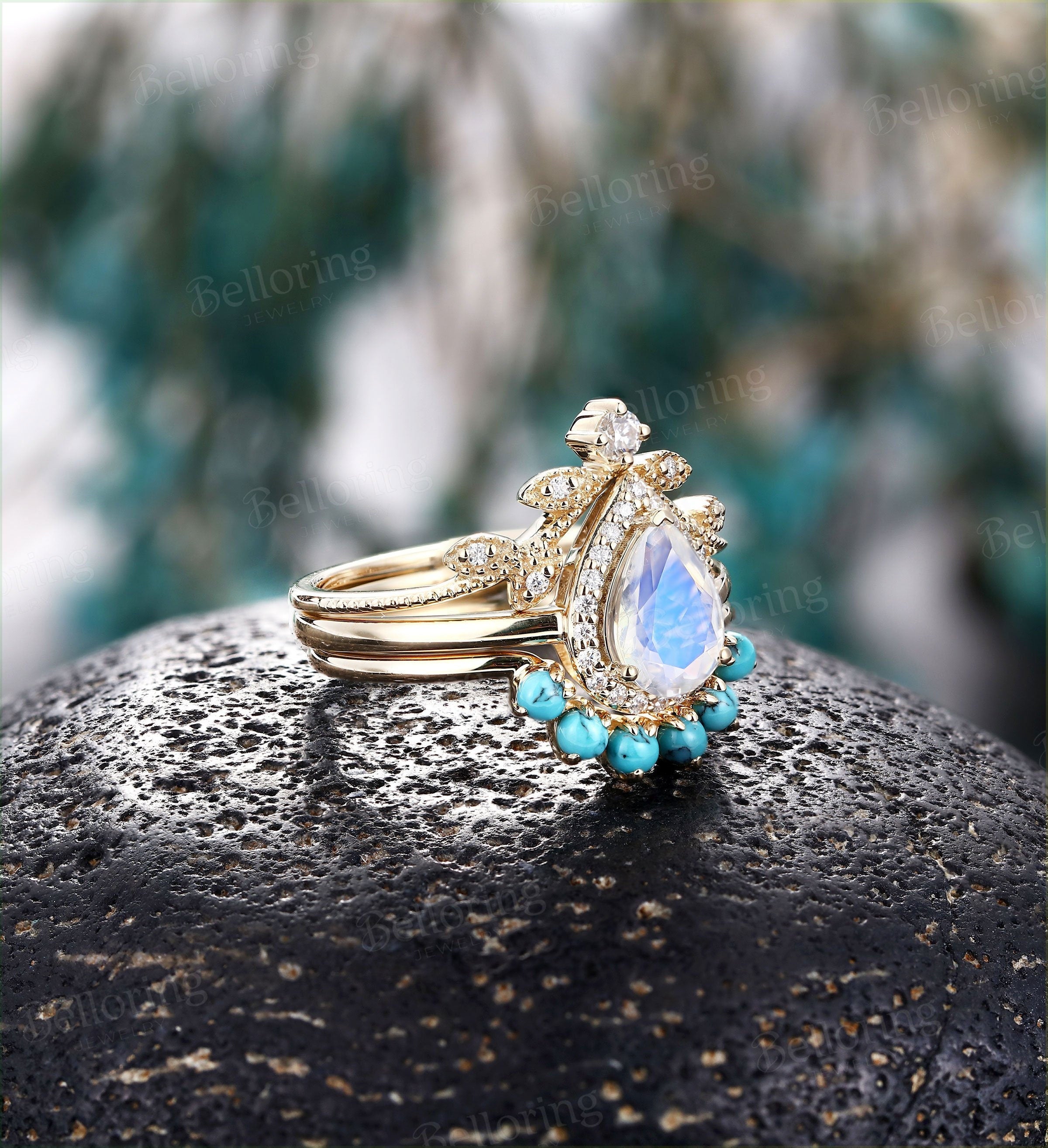 Moonstone engagement ring set  yellow gold pear cut vintage leaf moissanite turquoise Wedding Jewelry birthstone Anniversary ring