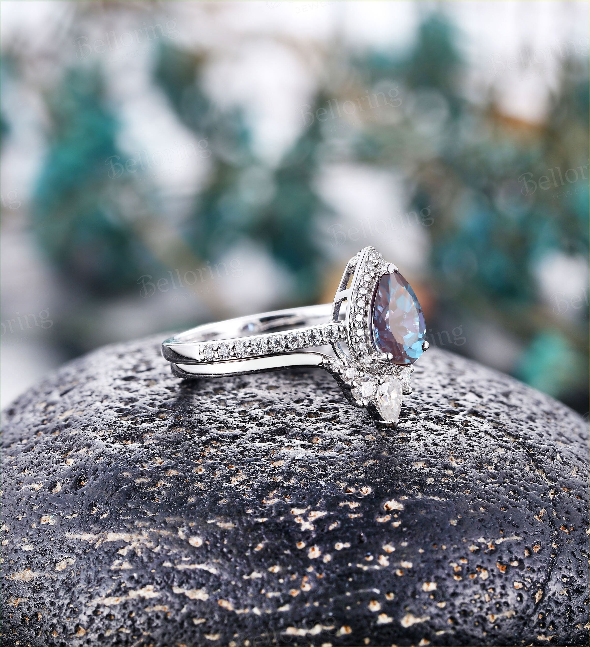 Alexandrite engagement ring  vintage pear shaped unique moissanite stacking Wedding Ring set art deco Anniversary white gold ring