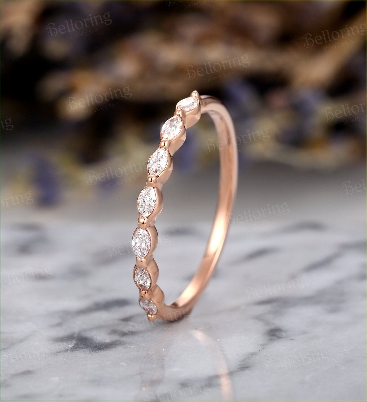 Marquise cut Diamond wedding band vintage rose gold  7 stones dainty  antique unique bridal set Promise Matching band