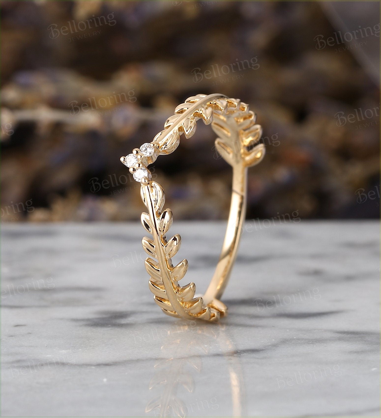 Diamond curved wedding band Vintage yellow Gold wedding ring unique Art Deco Antique stacking leaf ring Promise Anniversary wedding ring