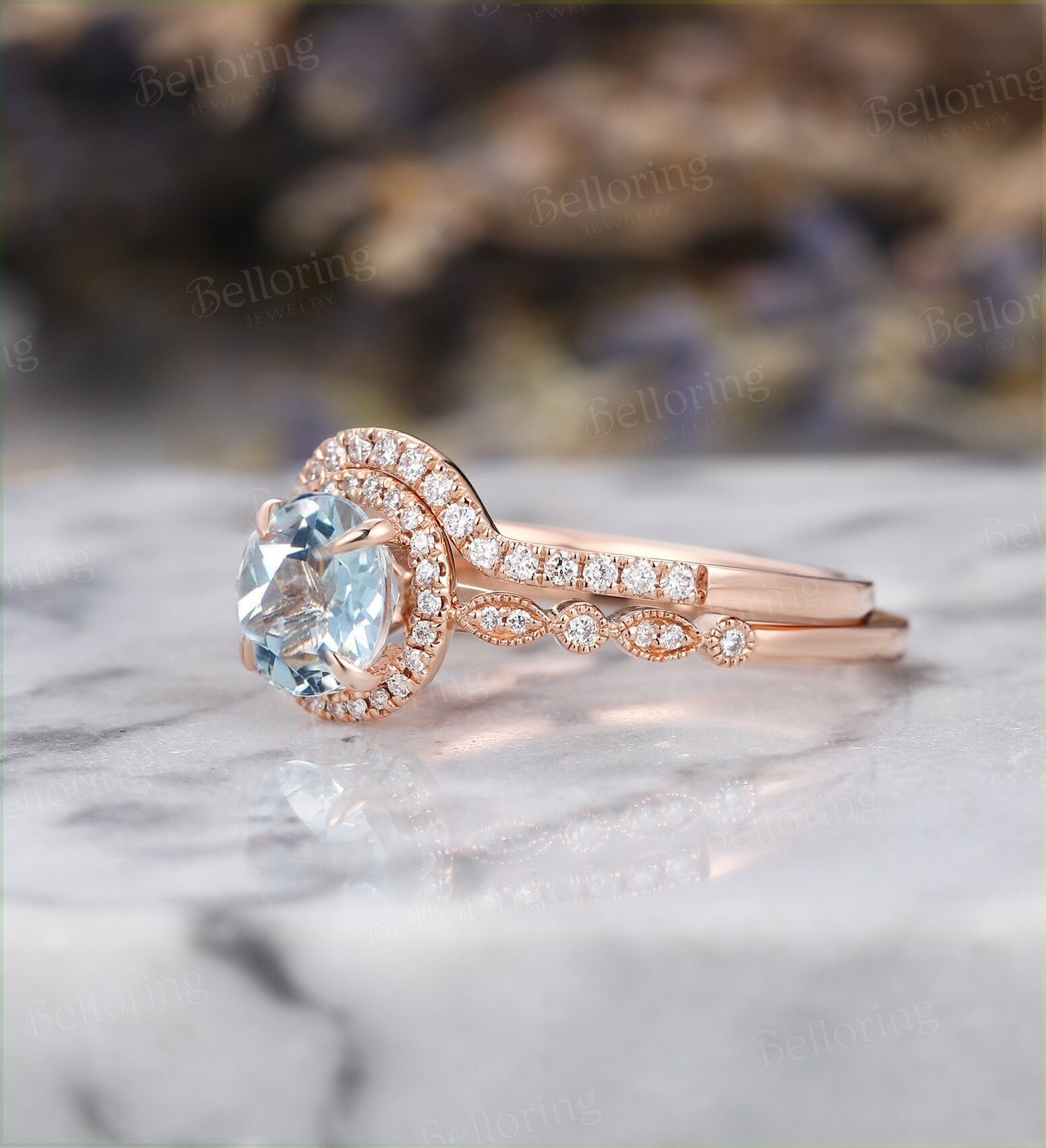 Aquamarine engagement ring set vintage Rose gold round cut Antique diamond halo milgrain half eternity Wedding band  micro pave