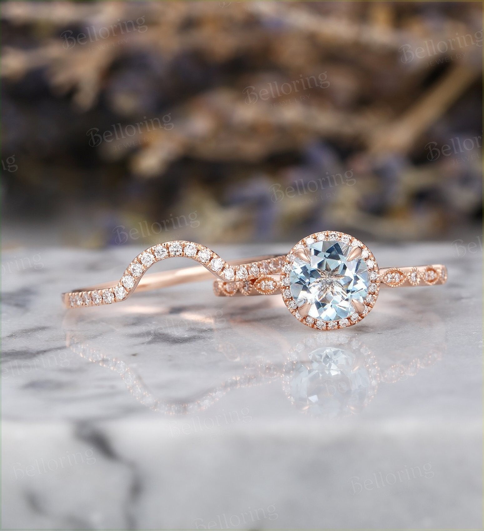 Aquamarine engagement ring set vintage Rose gold round cut Antique diamond halo milgrain half eternity Wedding band  micro pave