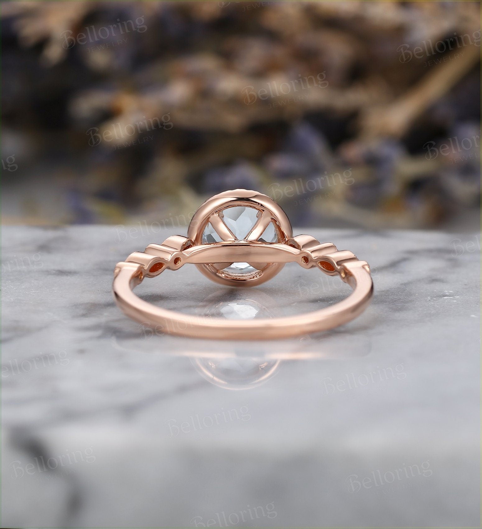 Aquamarine engagement ring vintage Rose gold round cut Antique diamond halo milgrain Wedding  Promise Anniversary wedding ring