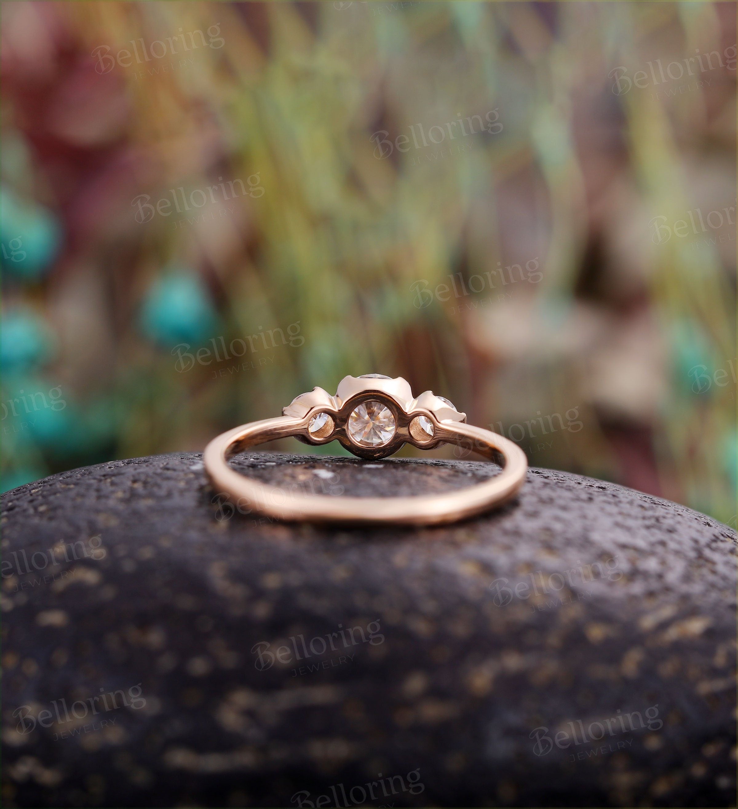 Moissanite engagement ring Vintage antique 3 stone ring rose gold Unique wedding  art deco Jewelry promise Anniversary wedding ring