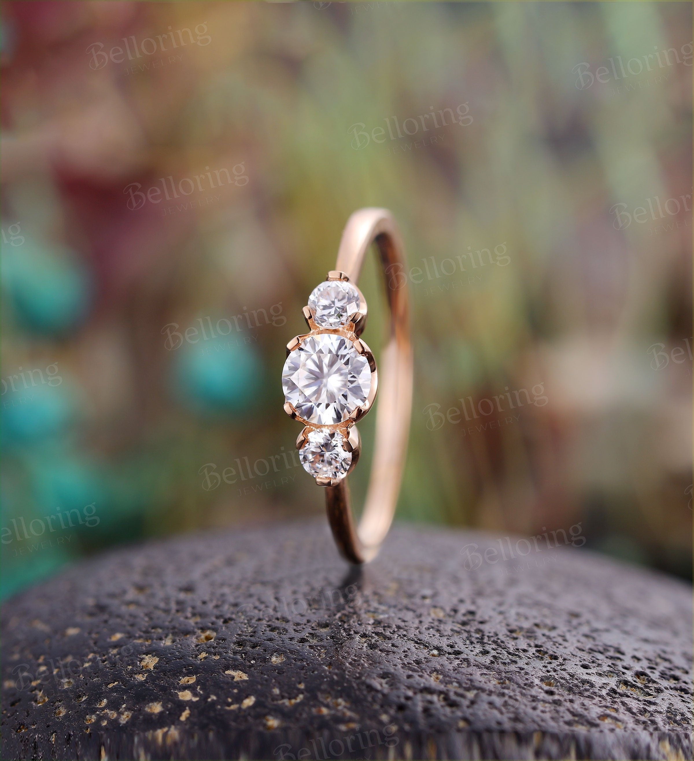 Moissanite engagement ring Vintage antique 3 stone ring rose gold Unique wedding  art deco Jewelry promise Anniversary wedding ring