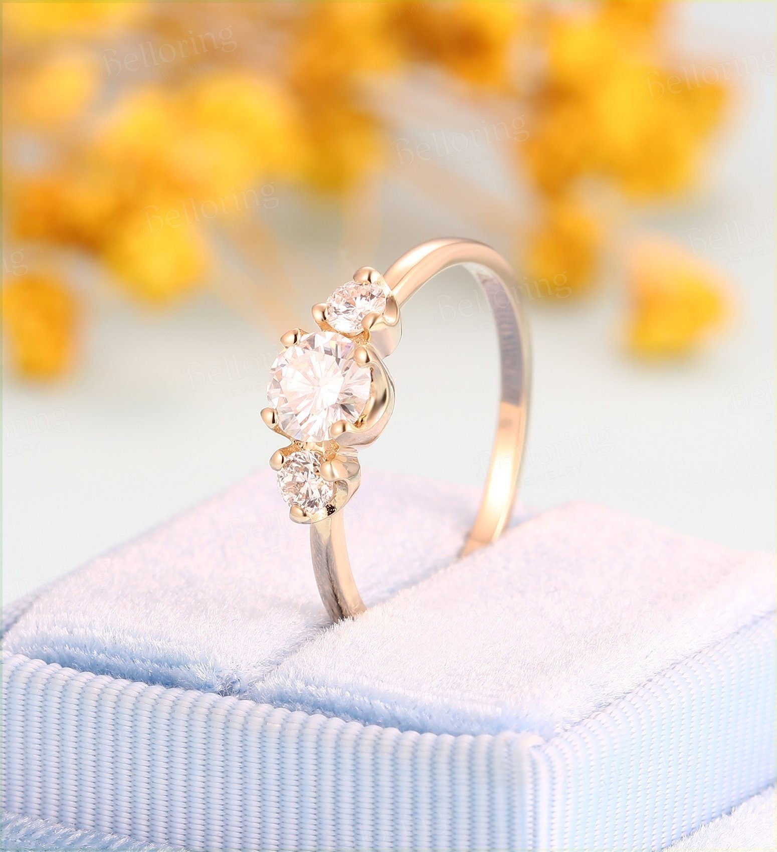 Moissanite engagement ring Vintage antique 3 stone ring rose gold Unique wedding  art deco Jewelry promise Anniversary wedding ring