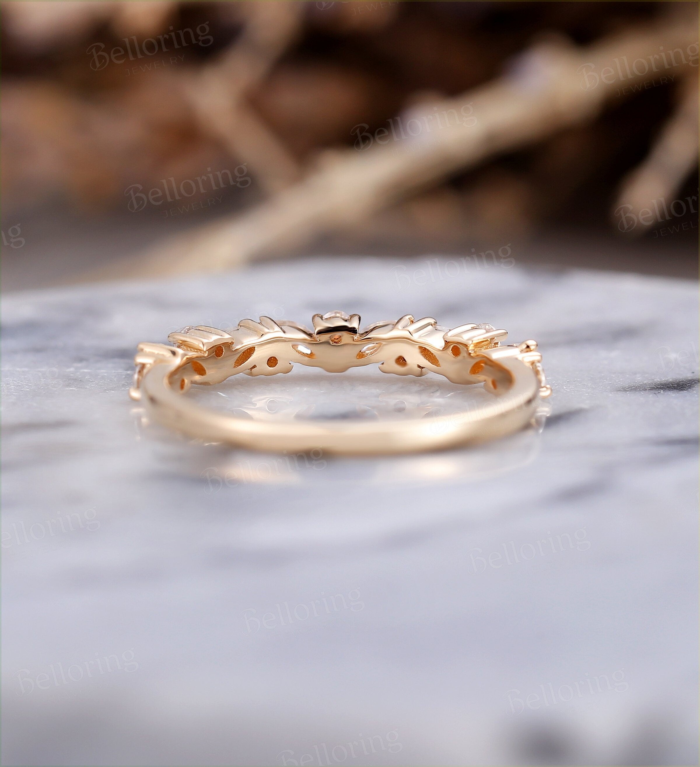 Marquise cut & round Moissanite wedding band vintage yellow gold  Half eternity antique unique bridal set Promise Matching band