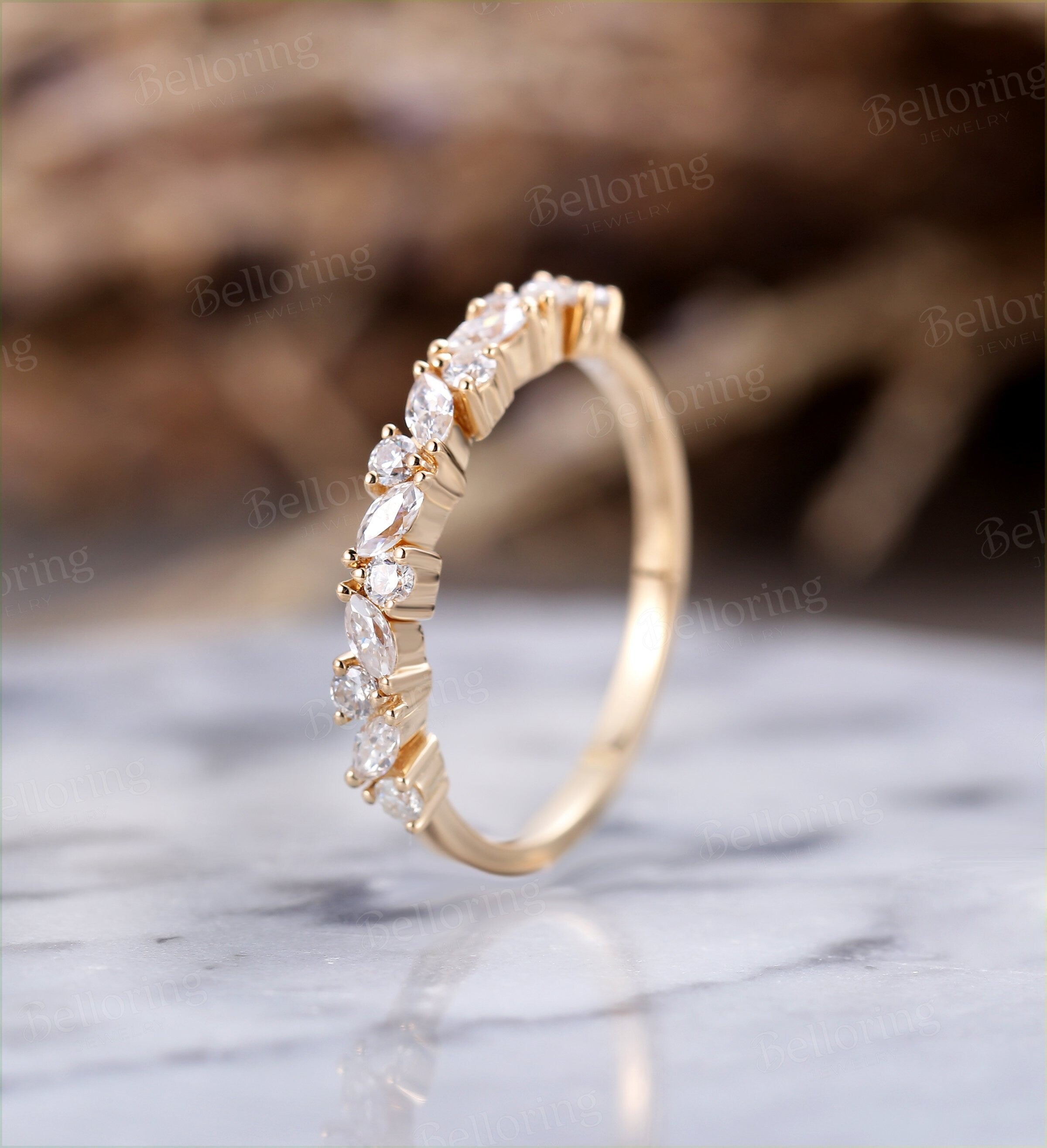 Marquise cut & round Moissanite wedding band vintage yellow gold  Half eternity antique unique bridal set Promise Matching band